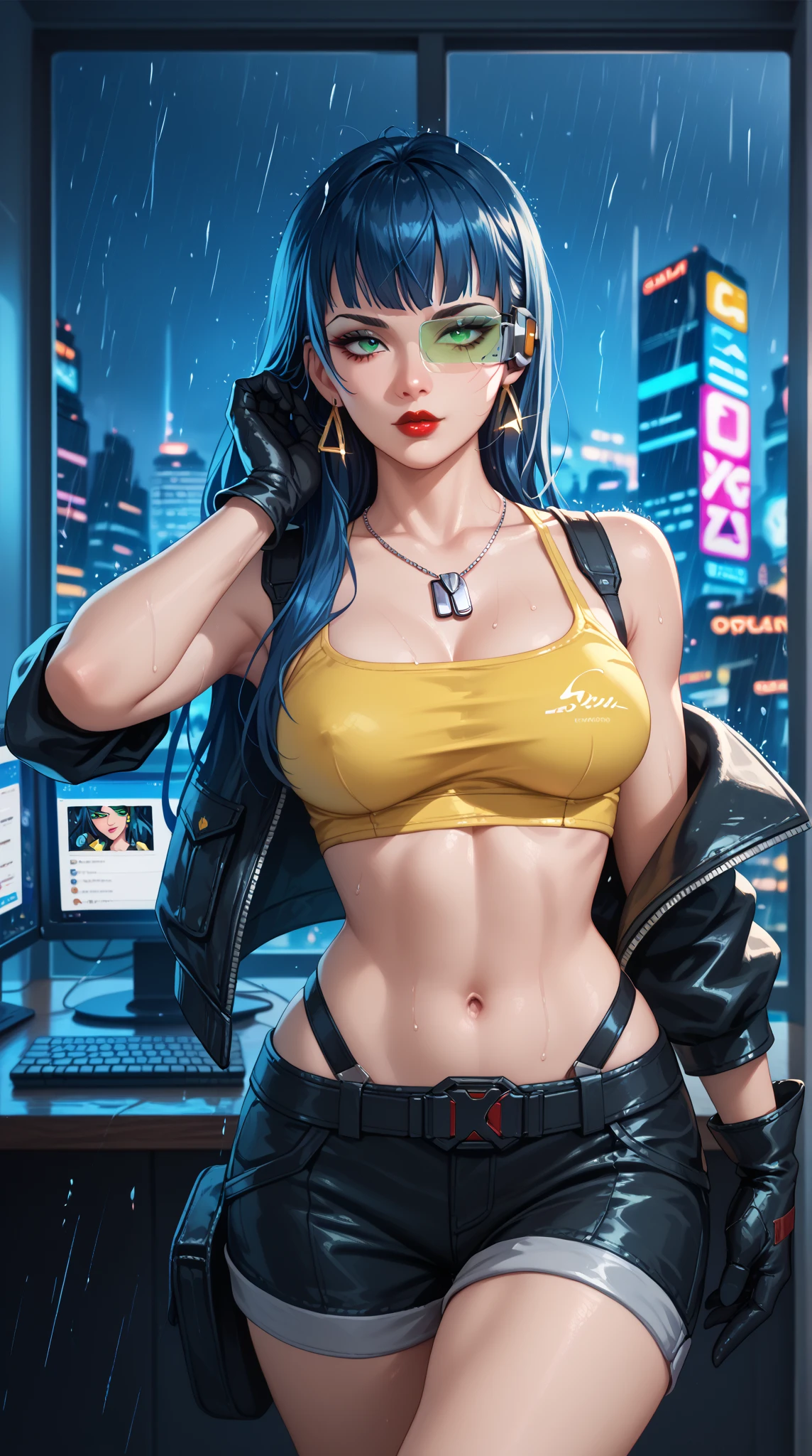 face of a sexy girl, earphone, Open Belly Button, leather outfit, beautiful japanese face, cerulean & long green hair in the wind, great smile, multicolored lights, Contexto Cyberpunk City, at night, half of the body, 8k photorealistic studio mannequin, (large breasted:1,9), body tattoo,