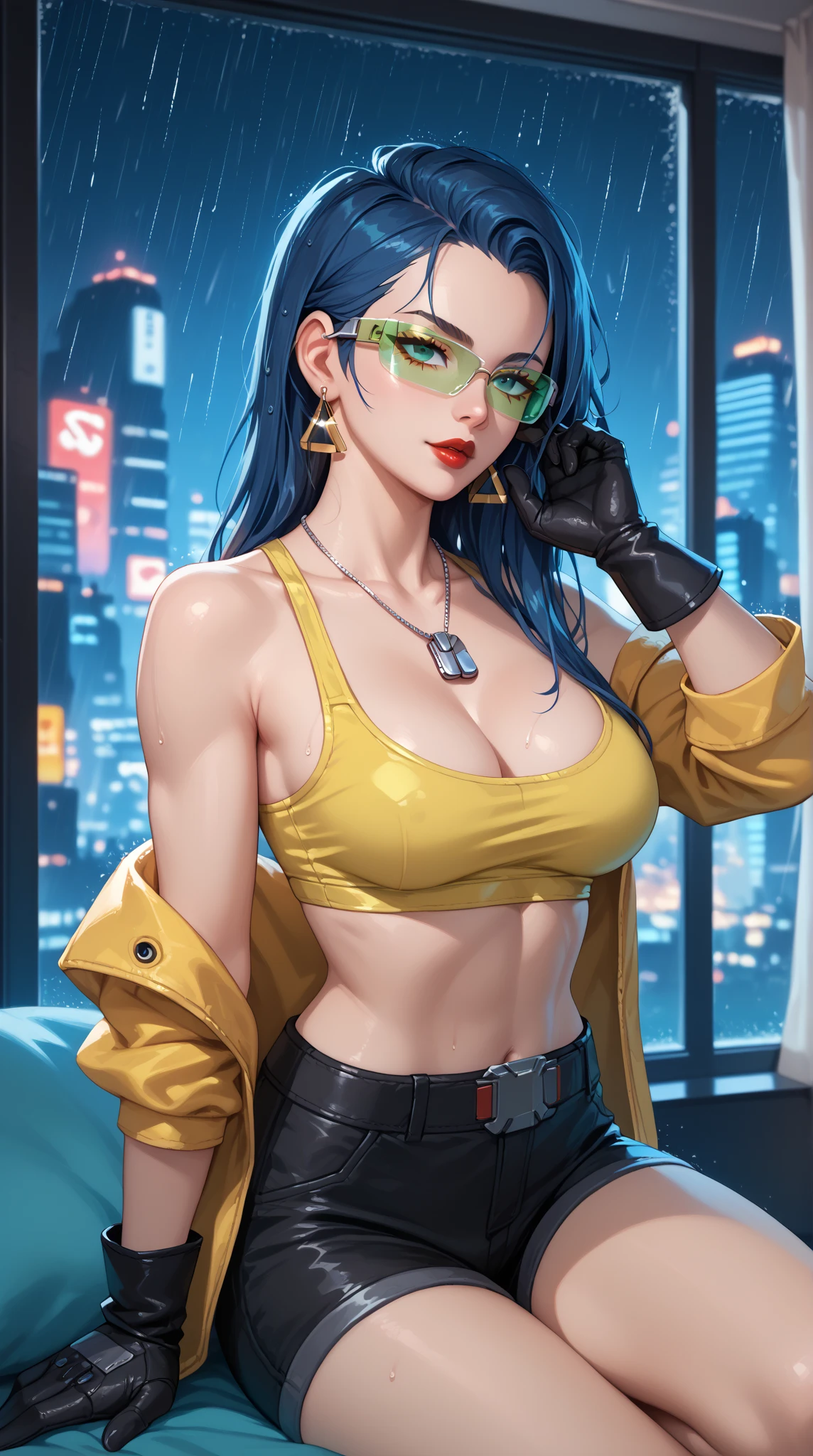 Beautiful woman, blue hair, yellow eyes, large perfect snoopy breast, cleavage, highly detailed, black jacket,, vintage, dark fantasy, cowgirl, western style, headphones,