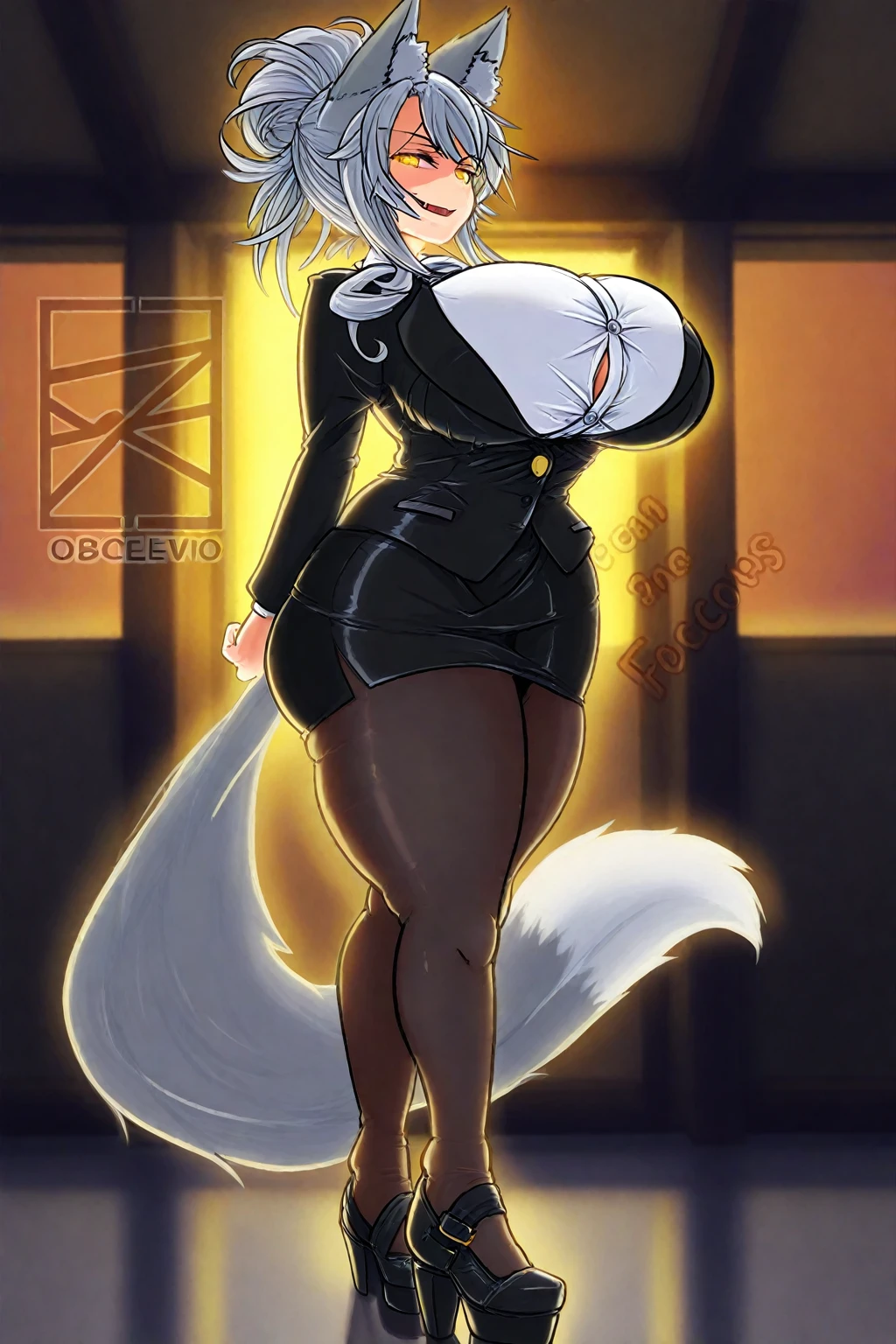 ((Reshiram)), anthropomorphic, big breasts, big ass, pokemorph, (((1girl))), ((( yellow dress shirt))), (black skirt), (black heeled boots), full body, cute and sexy, white skin, long legs, smiling
