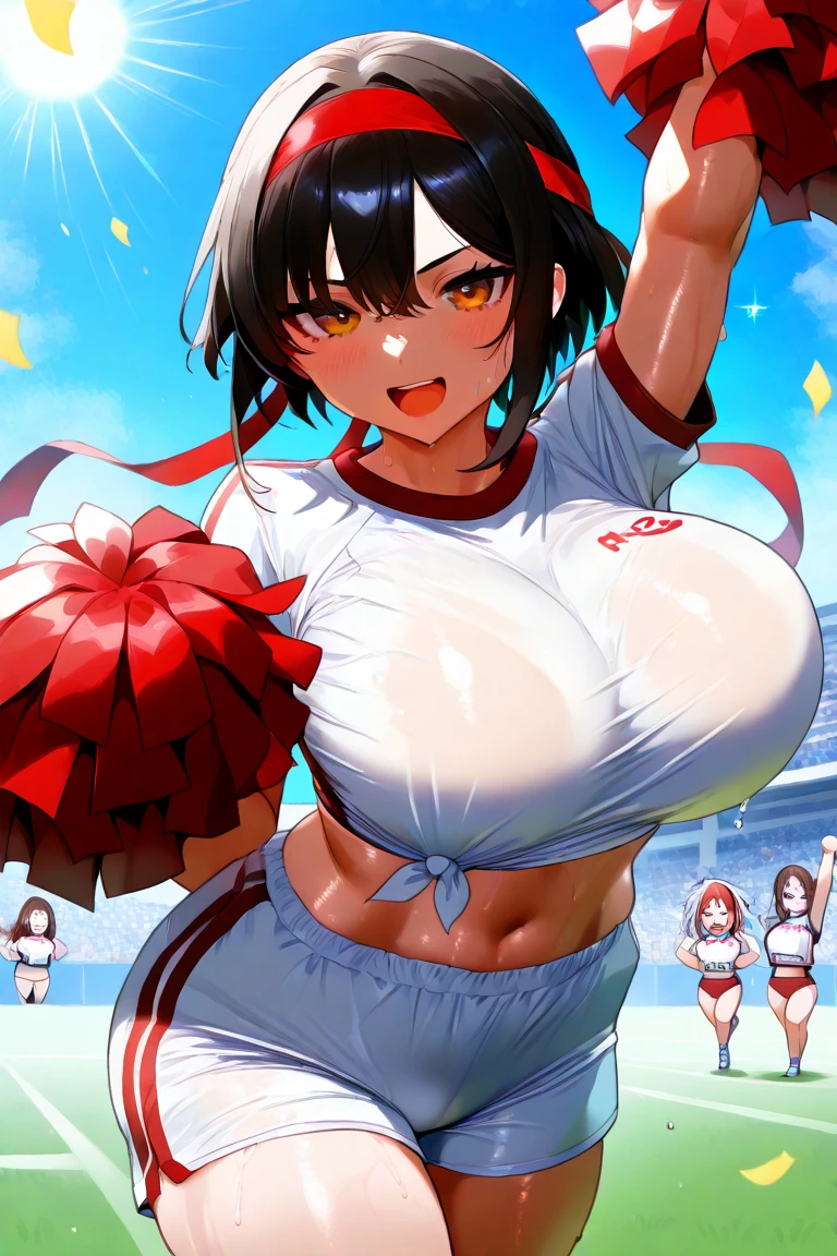 (1 person),(Best image quality, 8k, masterpiece:1.3), Anatomically correct, ((Brown hair bob cut:1.1)),(Swept-apart bangs,), (Cute eyes, Dark Eyes), (Mole under right eye), (thin), (Large Breasts),(Glowing Skin:1.1),(Pale skin:1.2),(Fantasyな雰囲気),(look up),Ultra-high resolution, Textured skin, Sparkle Effect, audienceを見つめる,Fantasy,Big glitter eyes,
Lace panties,Cheerleader,Braid, ribbon, Wet body,Sweat,
Cheer uniform,mini skirt,pom-pom,Confetti,Outdoor,Stadium,audience,Underarm、Raise your hand,belly button,Cleavage,Jumping,smile,