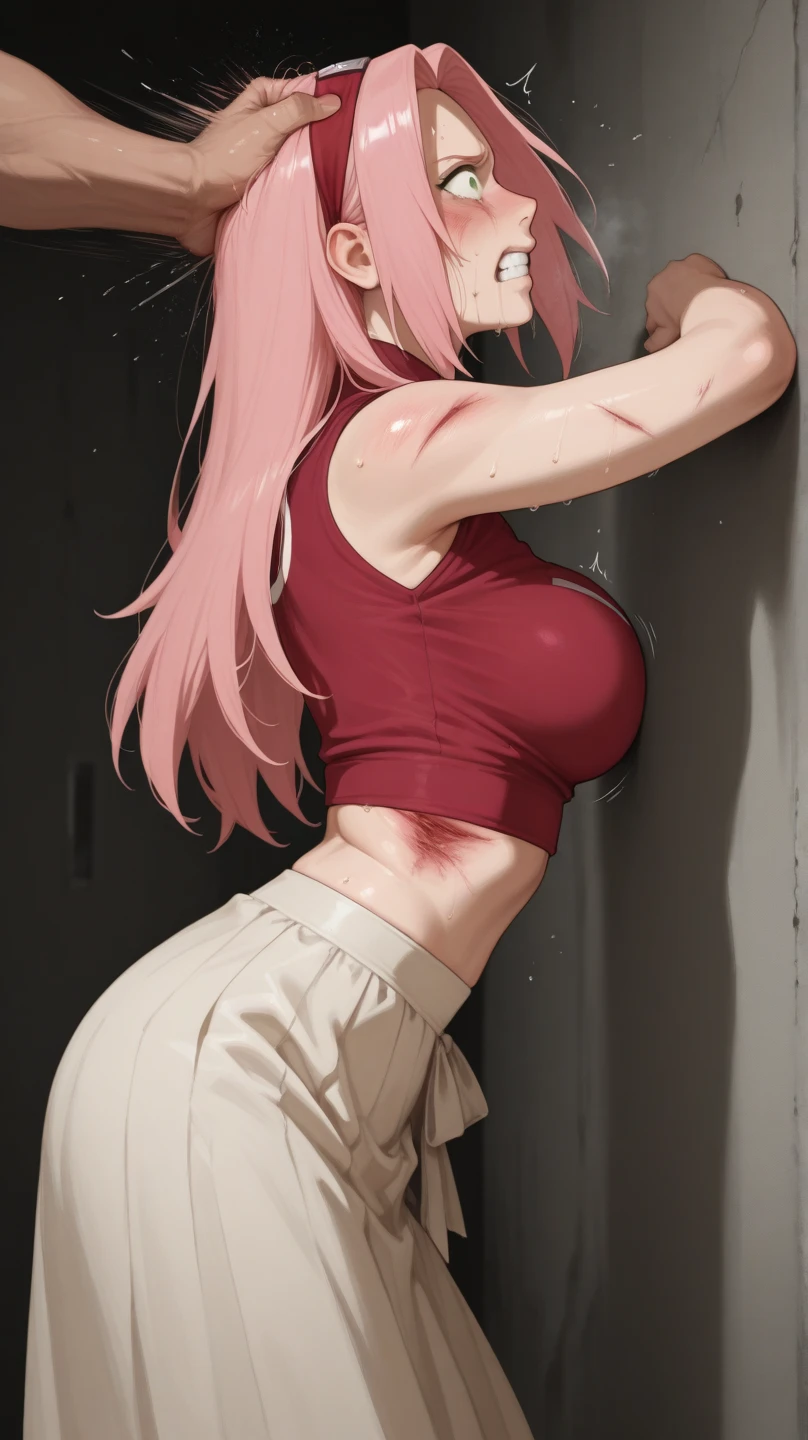 ahegao, blush, sweat, open mouth, rolling eyes, tears, tongue out,small breasts,thighs,all fours,