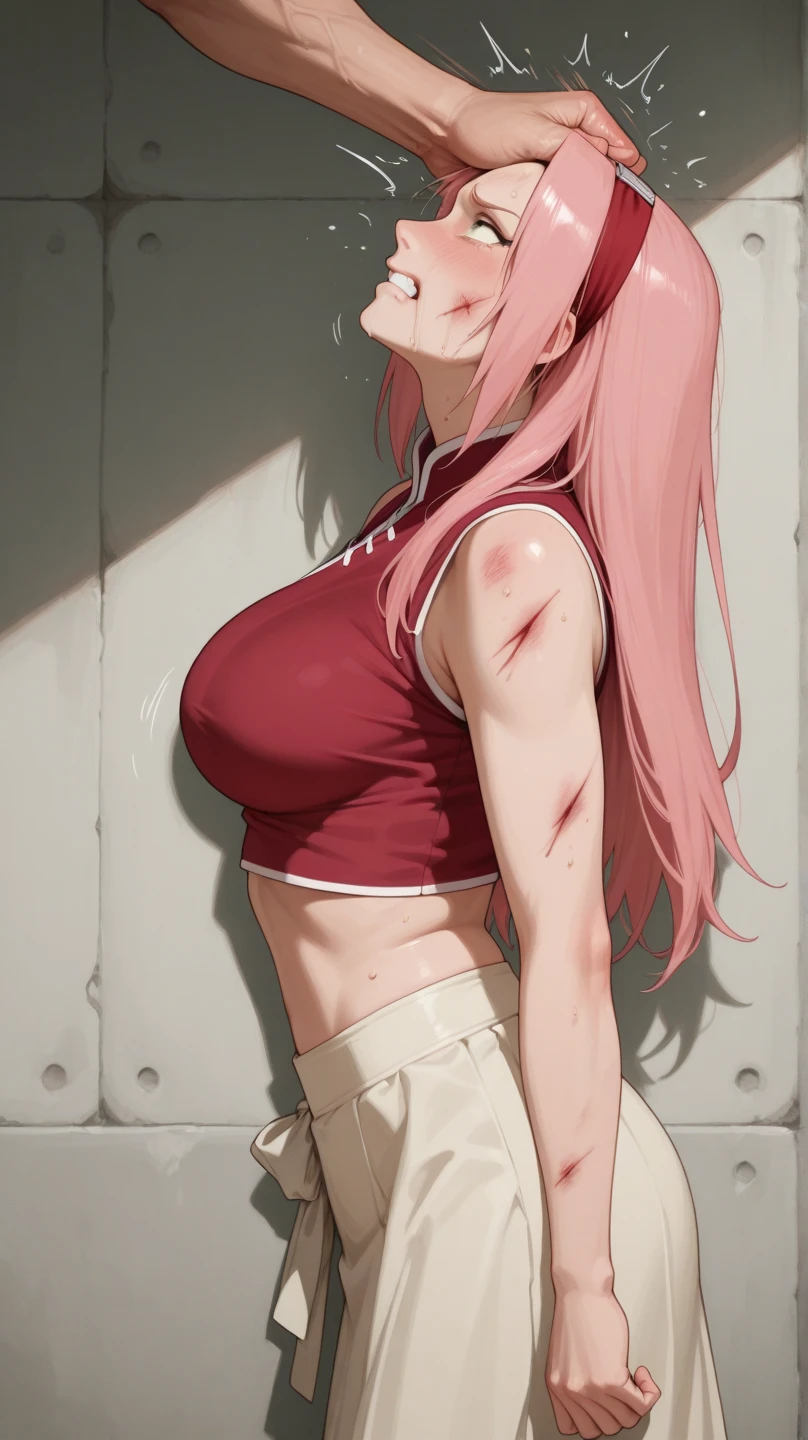 ufotable screen cap, pink hair, twin tails oily skin, wet, detailed skin, ((little girl)), ((carrying a red backpack)), ((10 years old)), blurry background, open mouth, short height, little girl, ((bare shoulder)), ((presenting armpit)), (see-through), cleavage, naughty face, ((white tank top)), (arm up), ((loli oppai)), ((big boobs)), ((large breasts)), ((under boobs)), ((boob curtain)), (hot pants), ((detached sleeves)), beach, (potrait)), loose shirt, navel, (((disgusting face))), (double peace),wet body, rain, ((Upper body))
