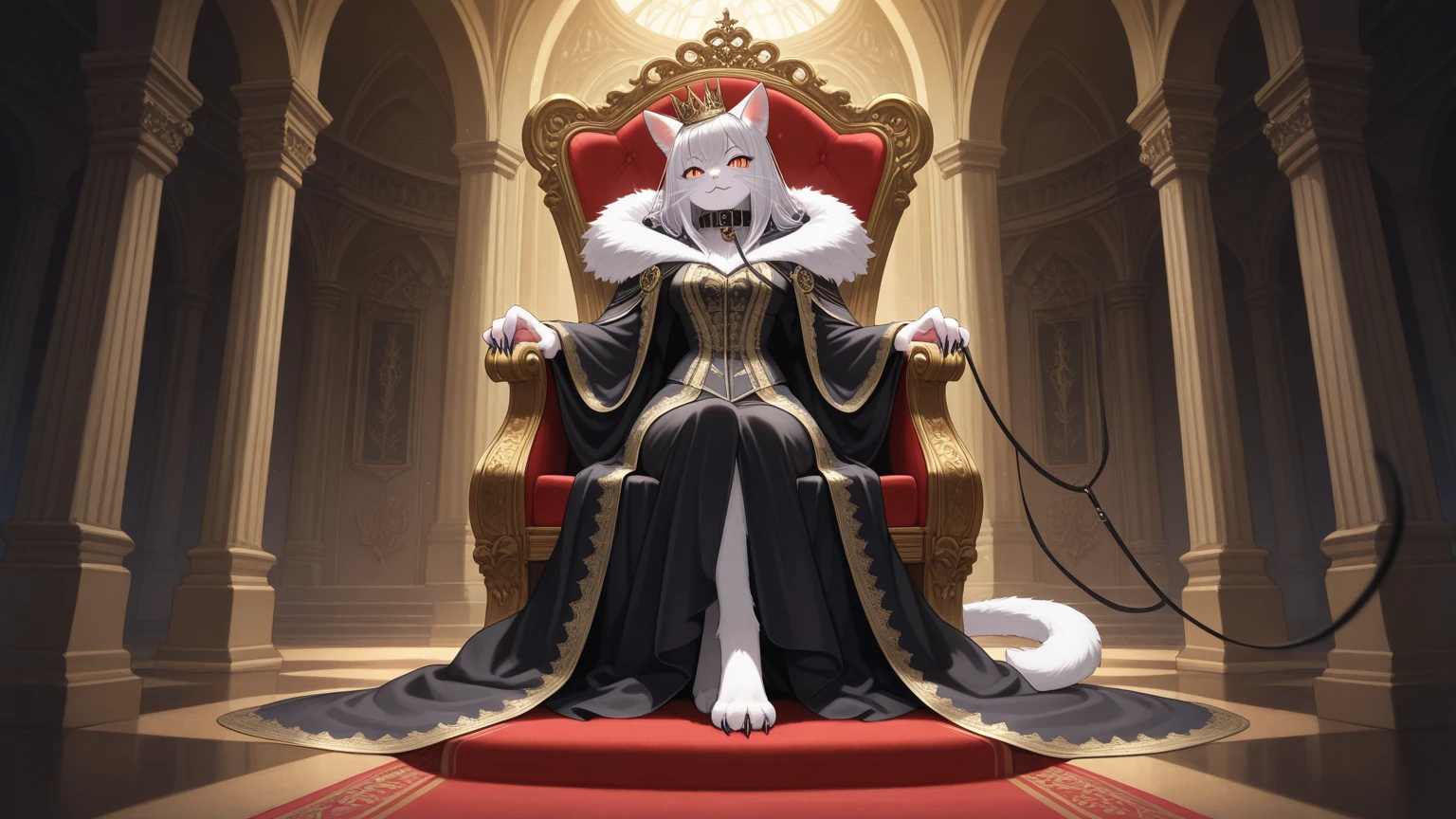 Sexy mature woman blindfolded, Has very long purple hair, Wearing a light robe lined with fur, chest, chestの谷間を見せる, Has fox ears, Relax on the throne, Surrounded by candles and soft, colorful stuffed animals