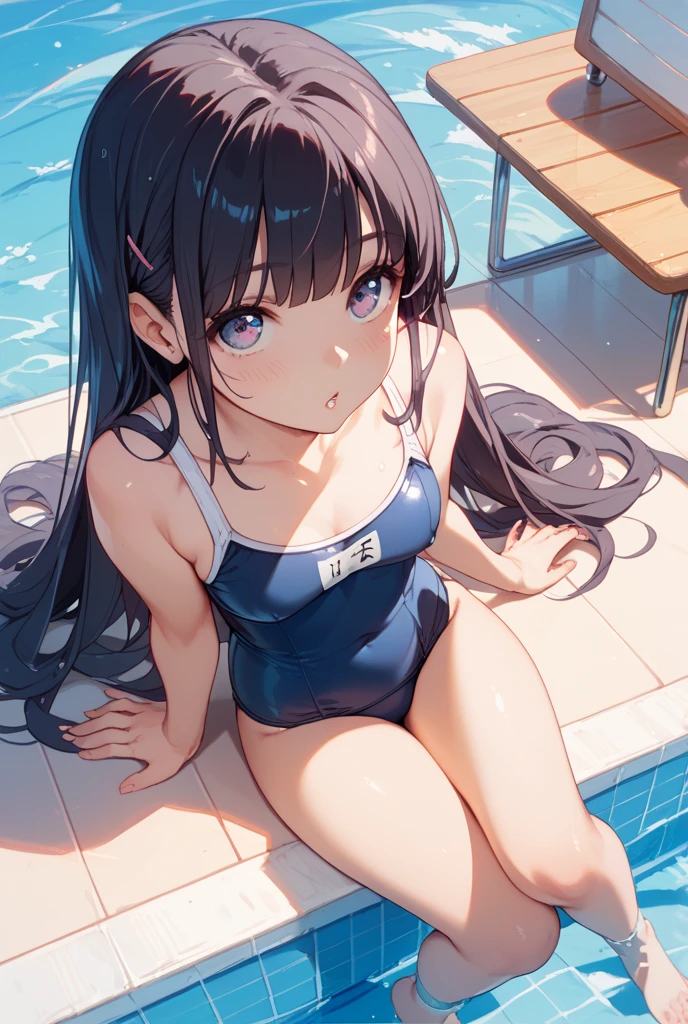 (short cute girl，small young student，young delicate girl）,（masterpiece，Top quality)，long black hair，Light blue sports bra，amusement park，pool