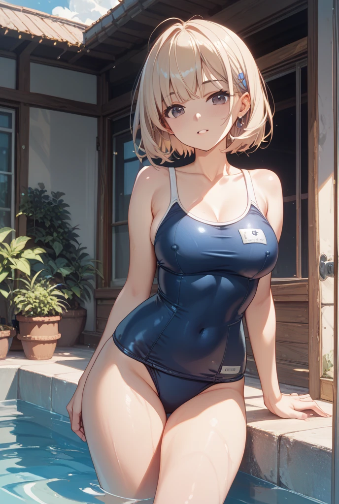 high quality、最high quality、Ultra-high resolution、Slender beauty、Polka dot swimsuit、Embarrassed look、Droopy eyes