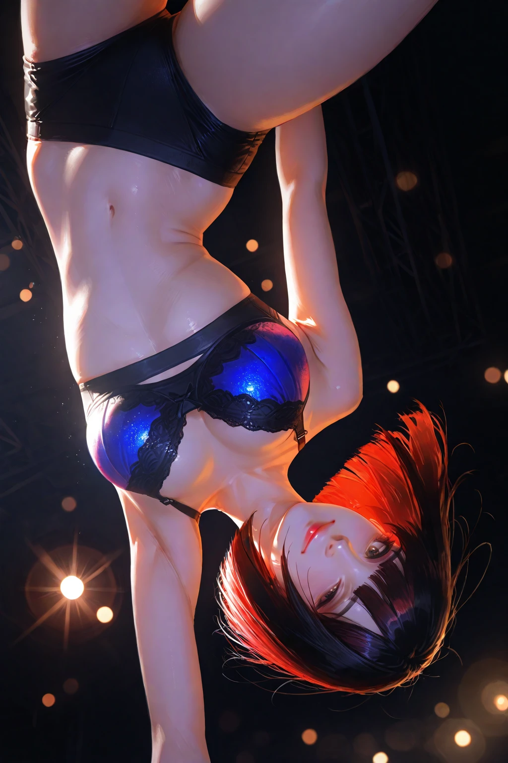 +sparkle+ 1_girlsolo, anime girl, long red hair, short bangs, baseball cap, blue bikini headphones, beach lighting,stage,(best quality:1.2),(ultra-detailed:1.2),(realistic:1.37),HDR,vivid colors,portraits, figure,headphone girl,anime style, atmosphere,techno music,electronic dance music,festival vibes,hip hop beats,festival outfit,energetic dance moves,expressive eyes,hairstyle with vibrant colors,neon lights,beaming smile,positive vibes,high-energy performance,stylized backgrounds,colorful visuals,excitement in the air, dancing, crouching