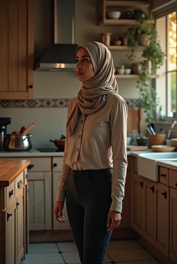 with black headscarf, white long sleeve t shirt, grey sweatpants, white socks, Sexy woman talking to her friends at home. 