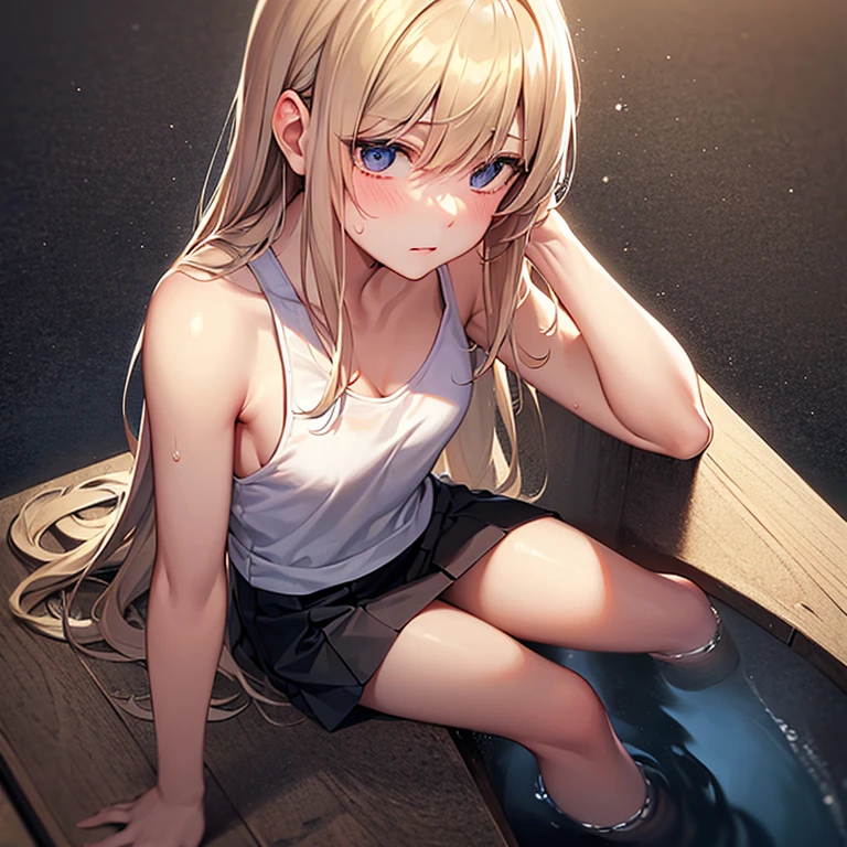 1girll，Clothes pulling，校服，ventania，Skirt pulling，
the roof，， tmasterpiece， Best quality at best， She was sweating，Wet pubic hair，drenched all over the body。clothes see-through，Sweat on the skin，Wet hair。highly  detailed，Scheming face。Grimacing。（Stick out her tongue），（Outlet water）Tell a secret，Hide a secret，is shy，exhilarated，（beautiful cloud），Bow knot，White tights，（with whole body visible），Long hair