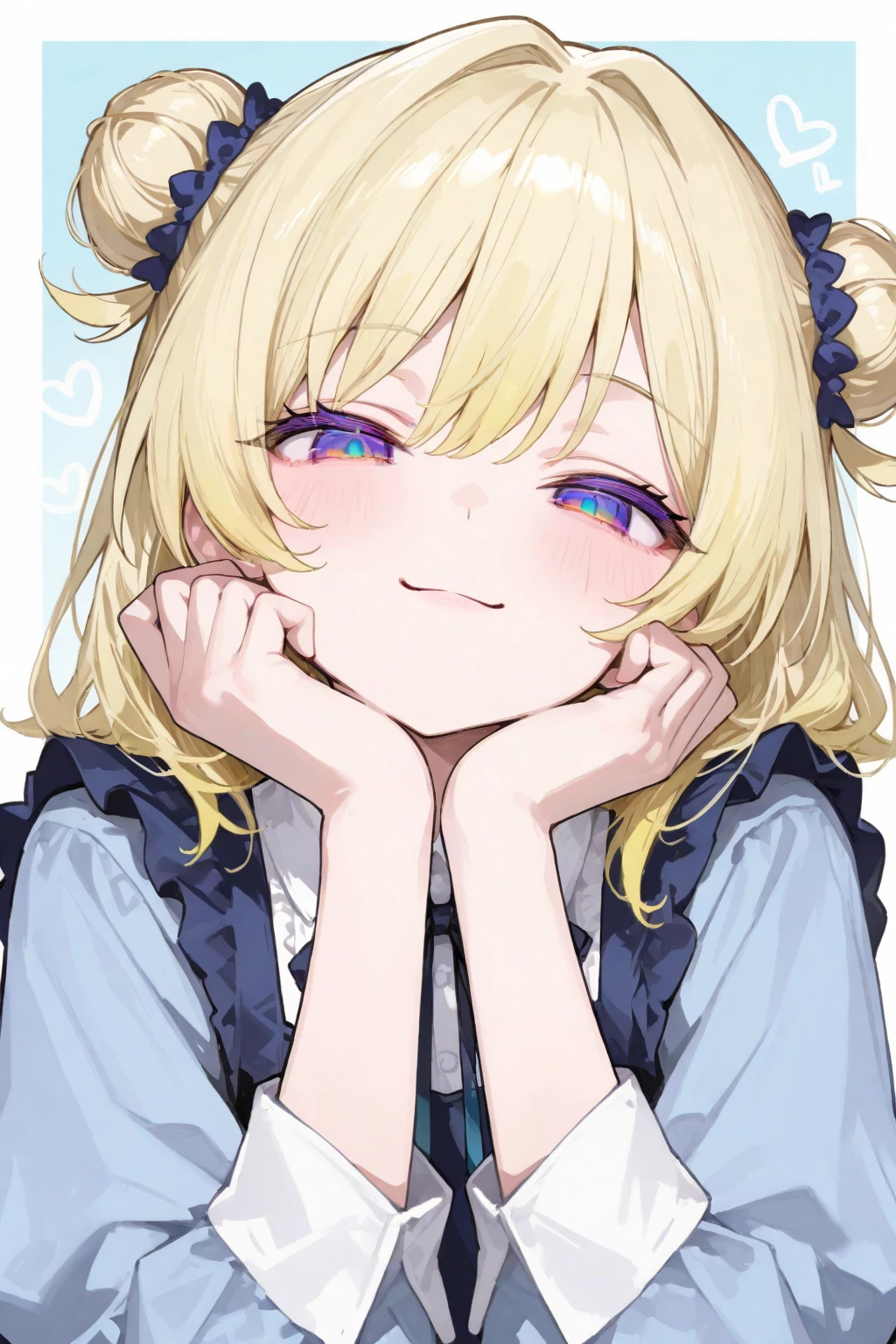 ((Best Quality)), ((Masterpiece)), (detailed), 1 girl, Pastel yellow hair, wide, hair covers one eye, purple eyes, tight, big breasts, big thighs, expression smiling shy, at home, mrs clous cosplay, low expectation