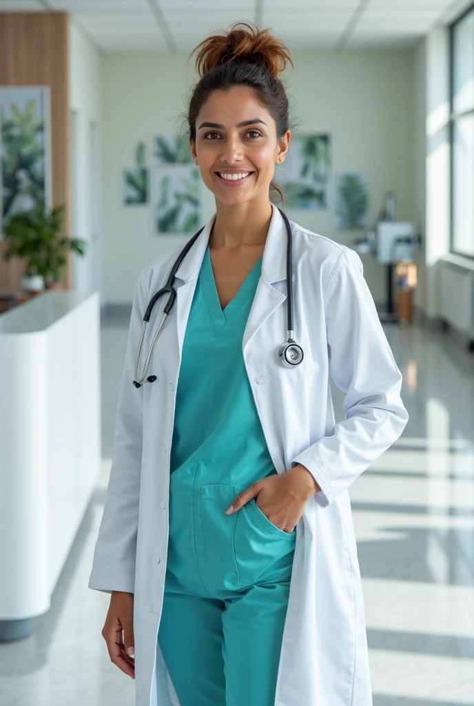 ((fashion photography)), perfect face, perfect eyes, (medium full shot) of  (vivacious doctor) young woman, mexican, brown eyes, medium skin tone, tan skin, brown eyes, Average, short dark bangs hair,  wearing a crisp white shirt,slacks,slip-on shoes, stethoscope, set in  doctor Examination Room, Clinical space with an adjustable examination table in the center, cabinets stocked with medical supplies and equipment, a sink with disposable towels nearby, a chair for the doctor's use, a poster displaying anatomical diagrams on the wall , at night, laughing, arms crossed, masterpiece, best quality, photorealistic, very aesthetic