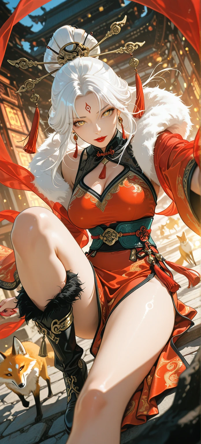 Barefoot woman(30-years old) , (skin tanned:1.7)、 (Photo of sitting cross-legged on a red sofa:1.5)、(White long hair:1.5)、(Samurai style kimono:1.0)、(Smoke pipes)、(White smoke)、(abnormally large breasts)、Bare shoulders, Double eyelids, (Gray eyes)、Parted lips,Solo,(cleavage)、delicate and sexy(鎖骨:1.3), (Shiny skin:0.8),(masutepiece:1.4),(Best Quality:1.4),glossy red lips, Perfect Abs, Wet(full of sweat)、low angles, (from below angle), High detailed skin, Skin pores,(Katsushika Hokusai-style background)
