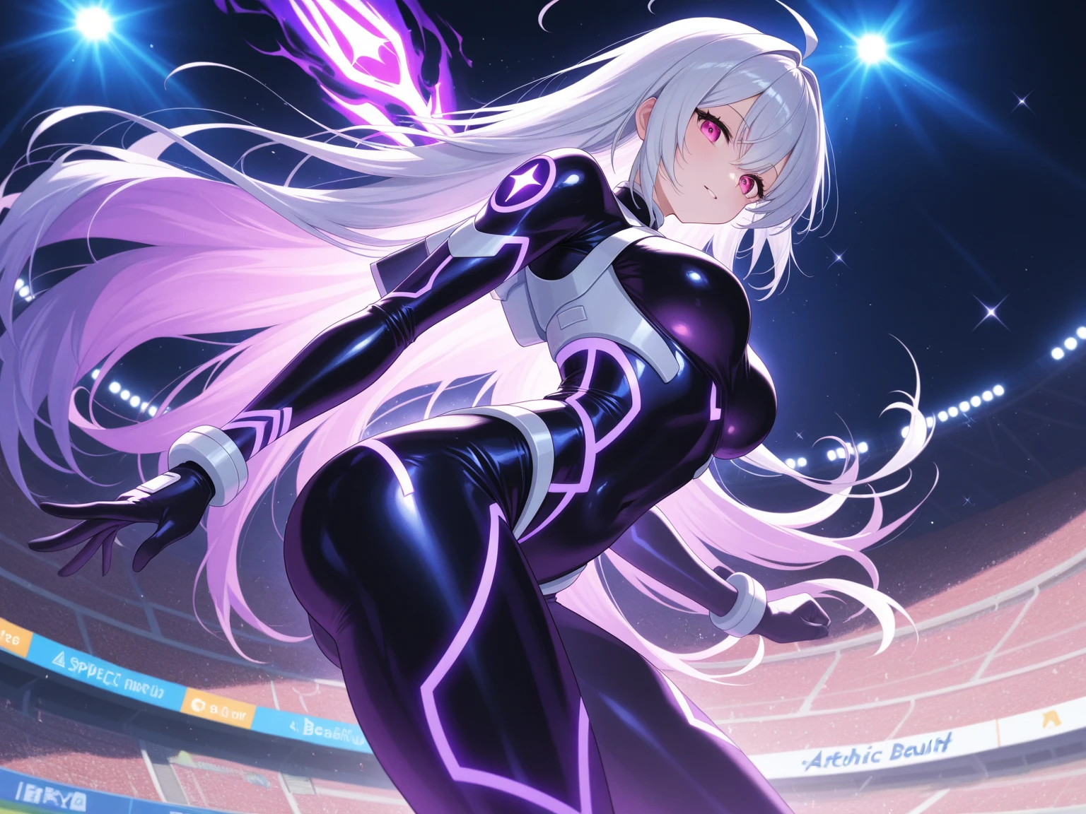 Adult Anime Girl 2d Long Hair Loose light Purple-Grayish, Age Adulthood adult, super hero suit falling from the sky with evil face and big weapon 