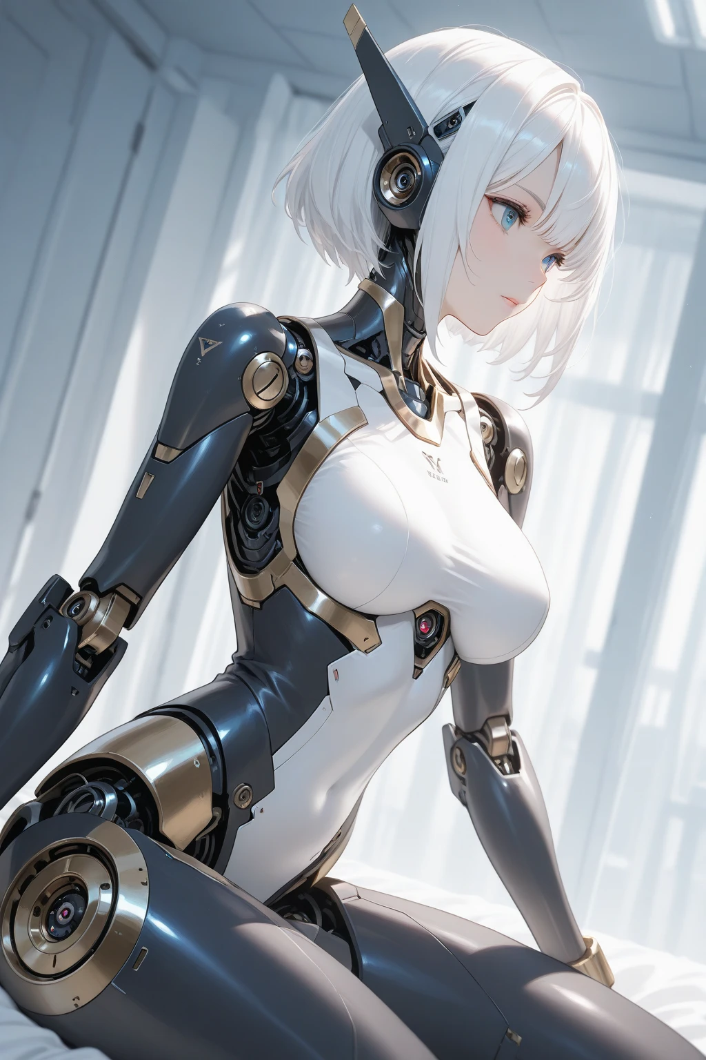 (High Precision CG unity 8k wallpaper, world enveloped in mysterious beauty, slender robot girl:1.2),(White full body:1.2),(White head:1.2),Porcelain-like skin,(Mechanical joints:1.6),(White curved armor:1.2),Elongated gold edging, (illuminated by pale light:1.1), beautiful studio Soft light,rim light,subtle outline, cityscape, Upper body angle.
