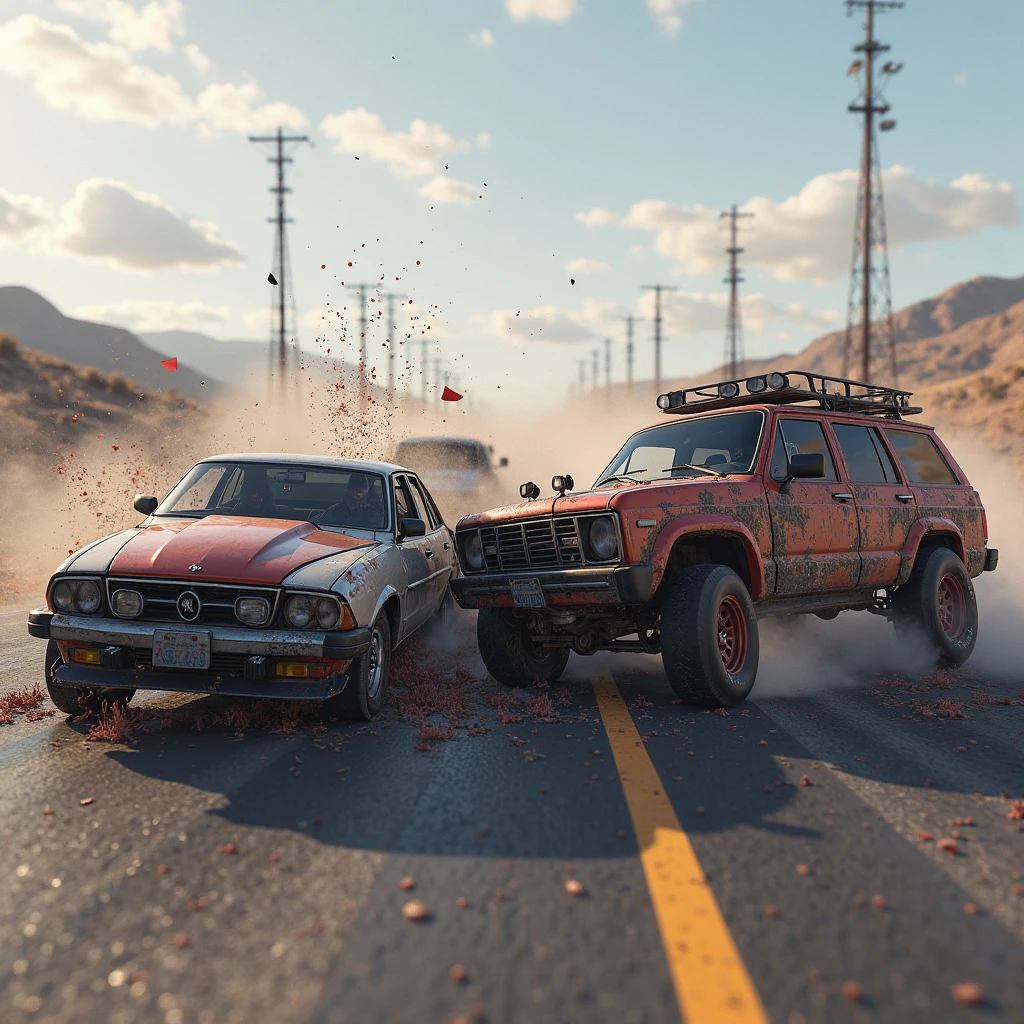Render of a realistic demolition derby, damaged cars, smoke, muddy track, cinematic lighting --auto