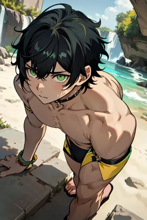 Swimwear　boy　Embarrassing　suffer　thin　Black Hair　juvenile　anime　Upper body naked　Embarrassing　Green Eyes　Yellow Eyes　Foot on the ground　Bangs hanging over the eyes　Are thin　large delicate eyes　Thin legs　Slightly brown skin　((Fine details)), Best Shadow,Cinema Lighting,Highest quality,((Very detailed))　masterpiece　Torn clothes　Side view　A green bandana is visible on his forehead. 