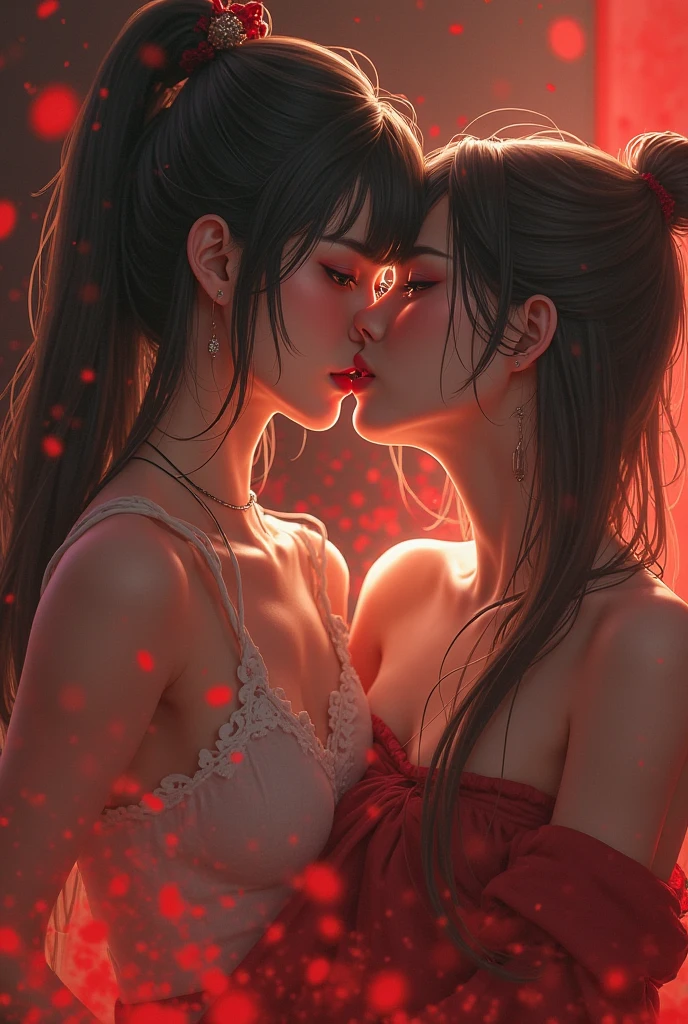 (Romantic and passionate kiss scenes in movies),(best quality, ish, Best lighting and shadows),(close-up, extreme close-up),(1 girl and 1 girl),(long hair:1.2+suit),(red lipstick:1.4+black hair), romantic music, background of the sea