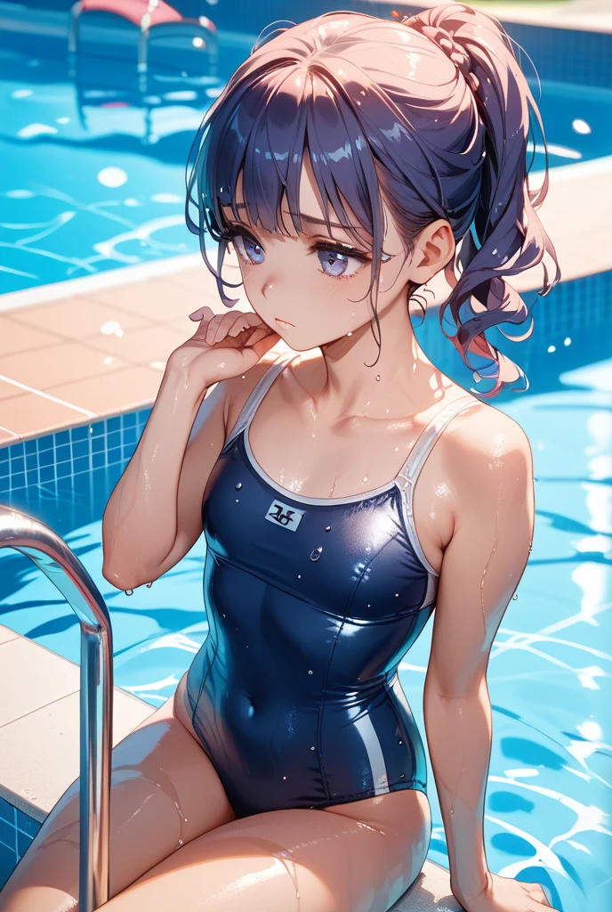 (Unity 16K Wallpaper, Masterpiece, Best Quality, Ultra-Detailed, Extremely Detailed CG, Caustics, Cinematic Lighting, Detailed, Beautiful Detailed Eyes, solo,pool side),Ultra High Resolution, fine skin、sexy,curby,nsfw,(school swimsuit:1.3), small breasts,16 years old、black eyes & hair,permed hair, angry,sitting, spread legs wide, double bun
