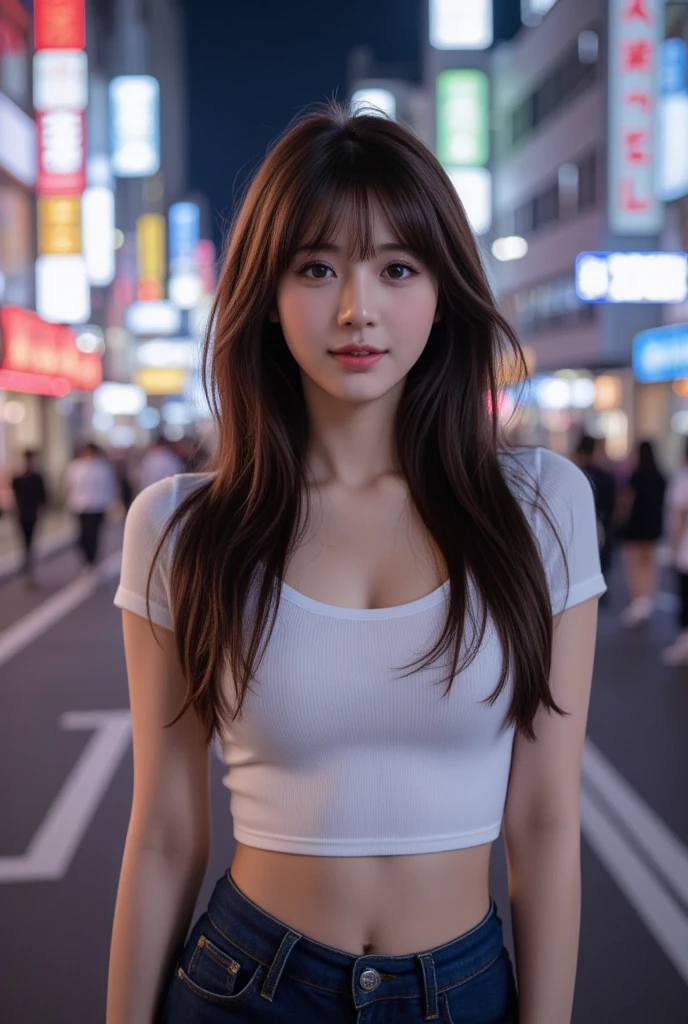 1 girl, Tokyo Street,night, Streetscape,City lights,Upper Body,close,smile,, (8k, RAW Photos, highest quality, masterpiece:1.2),(Realistic, photo-Realistic:1.37),