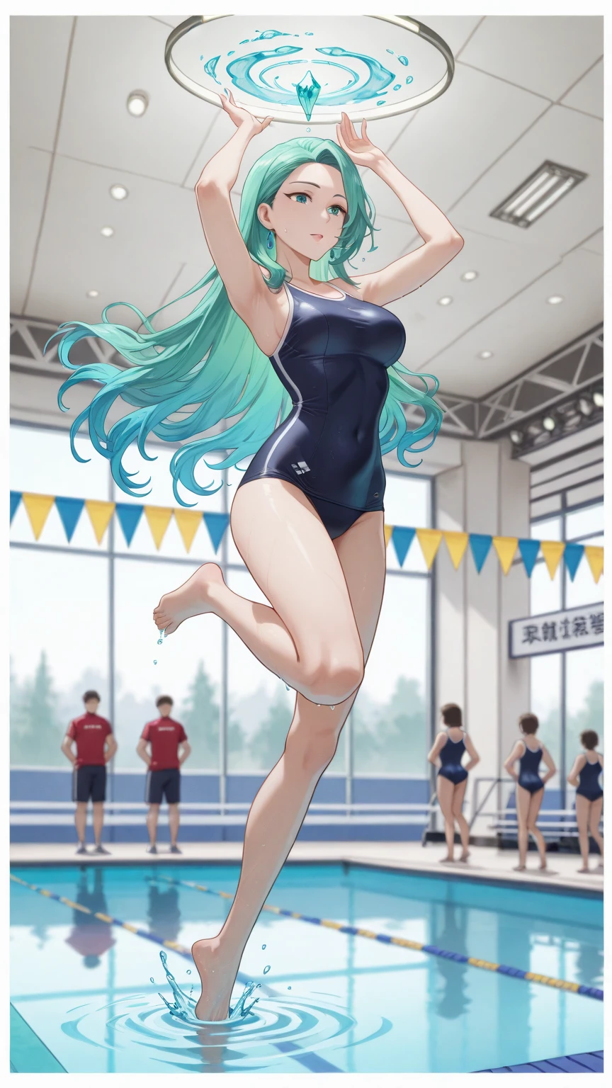 Light blue long hair、Beautiful girl with twin tails、smile、Red leotard、Playing trampoline、Trampoline competition venue、A packed audience、Flying high and high on a big trampoline