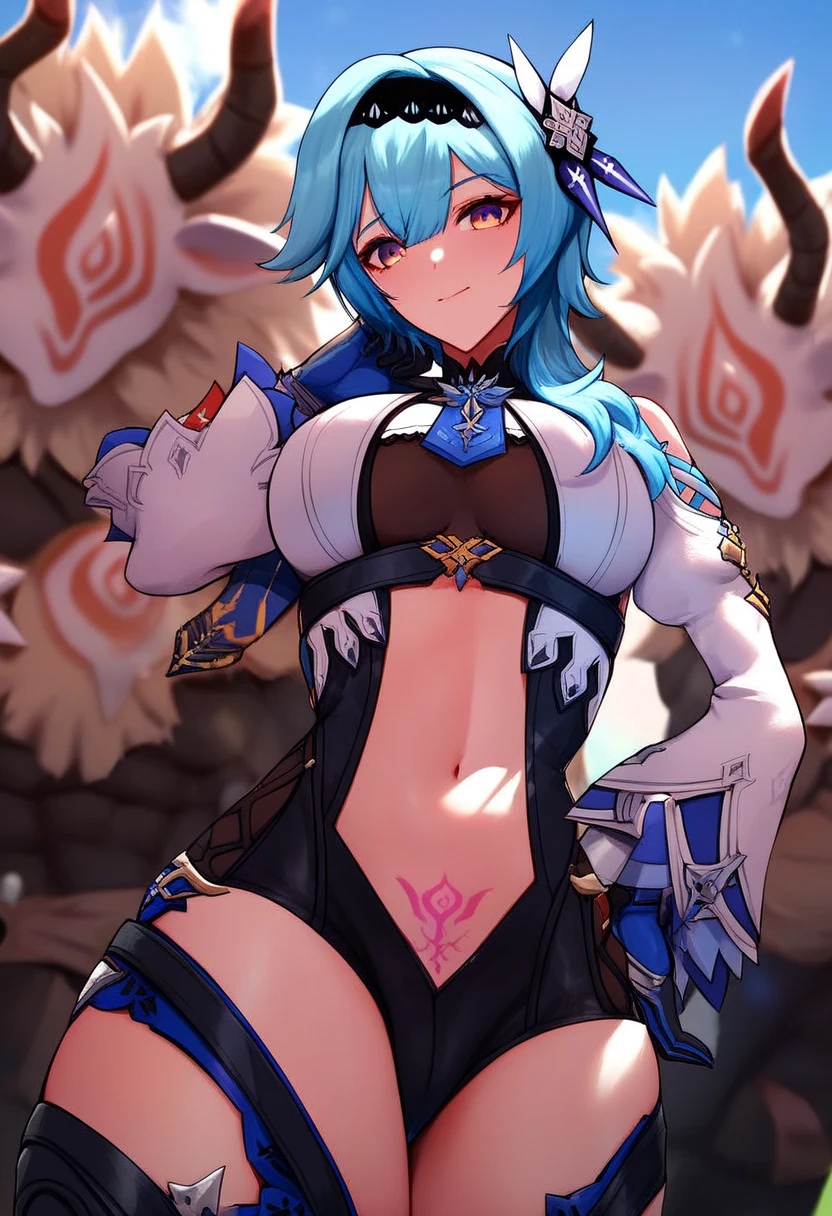 senti, (grey hair, long hair:1.5), red eyes, hair ornament, 1girl, squatting, navel, breasts, solo, shoulder_armor, armor, sandals, bikini_armor, gauntlets, looking_at_viewer, cleavage, pauldrons, bangs, full_body, gloves, horns, large_breasts, lips,