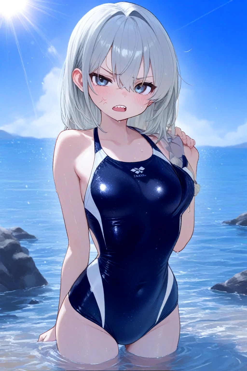 mastute piece,Best Quality,insanely detailed,8k cg,nsfw,
(shoot upper body:1.3),
(1girls:1.3),standing,looking at viewr,body in front,(arms behind back:1.4),(surfingsuit:1.3),(bare breasts:1.2),(bare nipples:1.2),
break,
blush,shy,(ecstasy face),(trembling:1.2),break,(light silver hair:1.3),
break,
perfect breasts,perfect teats,(open mouth:0.9),(large breasts:1.2),
(beach),