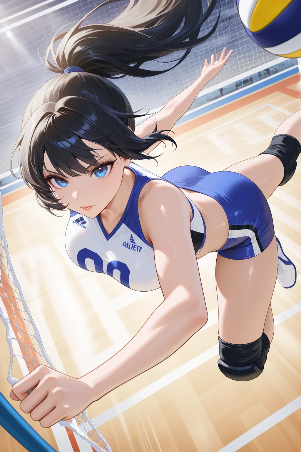 photos of professional women, 1 girl, flirting, (shiny), morning, sexy, playing volleyball, costume with logo, gymnasium, backlit, (bangs), bloomers, (sweaty: 1.3), blurring background,