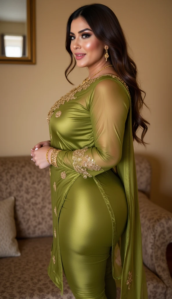 1 malay girl, modern plain hijab, shy, medium portrait, watery eyes, wearing pastel green kebaya, ((big breasts)), black bokeh background, well-proportioned body,, chubby massive thighs, full body pose