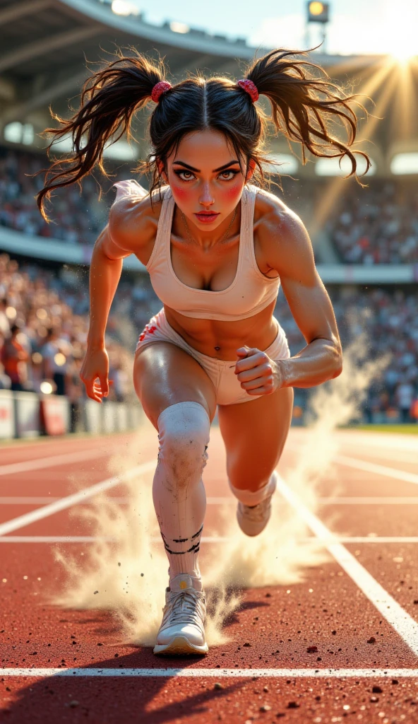 Photo of a 20 year old woman, Perfect Face, masterpiece, good, Sports bra,Racing Bloomers、good,  Run at full speed、Sweat flying、Serious face、Run towards the viewer、Track and Field、Nipple swelling、Extreme Perspective