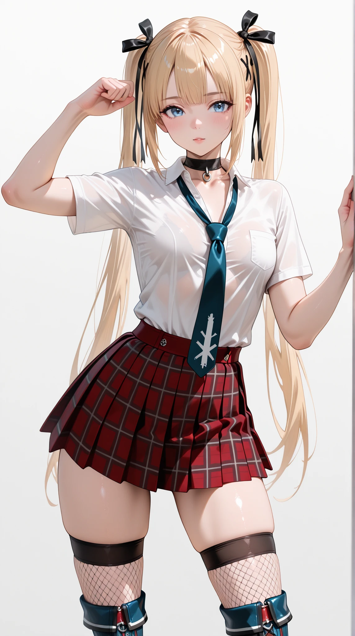 masterpiece, best quality, marie rose, shy, blush, shirt, skirt, fishnet thighhighs, long hair, looking away, <lora:marie-000018:0.9>