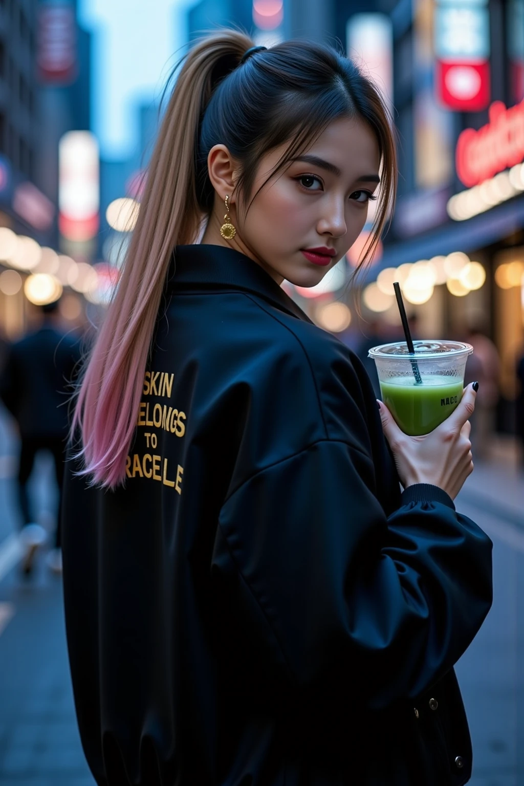 gyaru, dark-skinned, shiny oiled skin, blond hair, wearing　pink tracksuits, drinking a canned beer, in the night park