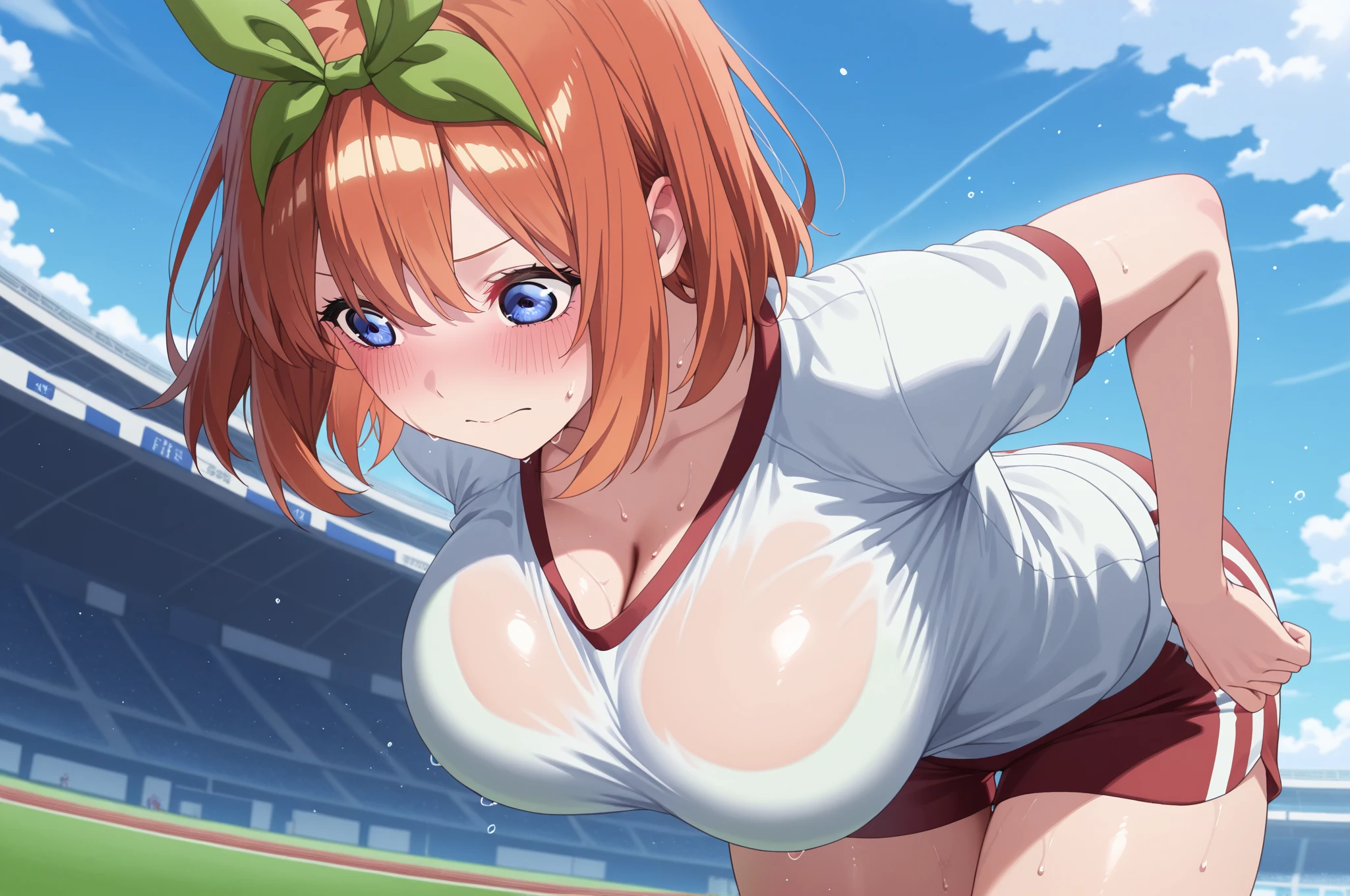 score_9, score_8_up, score_7_up, source_アニメ, sakimiya iruka, red hair, green eyes, one side up, medium hair, green scrunchie, hair ornament, shiny skin, rating_explicit, big breasts, large ass, Race Queen, highleg, (cry:1.2),(tears:1.3),(open mouth, shout),(sweat:1.2), (steam on body, heavy breathing), (trembling:1.4), drooling, bouncing breasts, unaligned breasts,(motion lines:1.5), motion blur,(pussy juice, Squirting:1.5), (arched back), (troll:1.2), (2men, vaginal penis, leg up, standing split), 2penises,(huge penis:1.5), (head grab:1.2), (cum in mouth, cum on tongue, facial, cum on hair), projectile cum, cum string, excessive cum, pole dance, on stage,