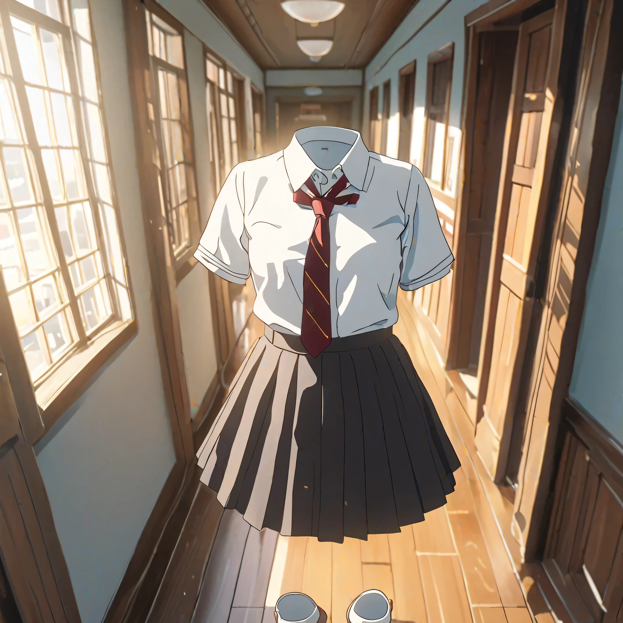 masterpiece, best quality, ultra-detailed
extremely detailed anime key visual, invisible girl wearing formal school uniform, floating empty school uniform, tie, plaid skirt, perfect fabric folds, pleated skirt with intricate pleating details, white loose socks floating in air, uwabaki school slippers hovering above ground, detailed fabric wrinkles and shadows, soft subtle gradient shading, extreme detail on uniform stitching and buttons, floating in school corridor, morning sunlight through windows, sakura petals drifting in air, volumetric lighting, ray tracing shadows, detailed architectural background, polished wooden floors with reflections, cinematic composition, depth of field blur, perfect lighting, vibrant colors, sharp clean lineart, detailed shading and highlighting, professional digital art, 32k resolution, (invisible:1.5, no humans:1.5, headless:1.5, faceless:1.5), cute big breasts, (close-up shot of breasts)