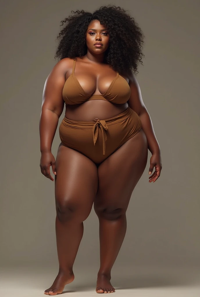 a chubby woman wearing a very small yellow string bikini that is clearly too small for her, revealing a bit of pubic hair near her navel, no makeup, barefoot with dirty feet from walking, adjusting her hair to reveal some underarm hair, high quality studio lighting photograph with excellent details
