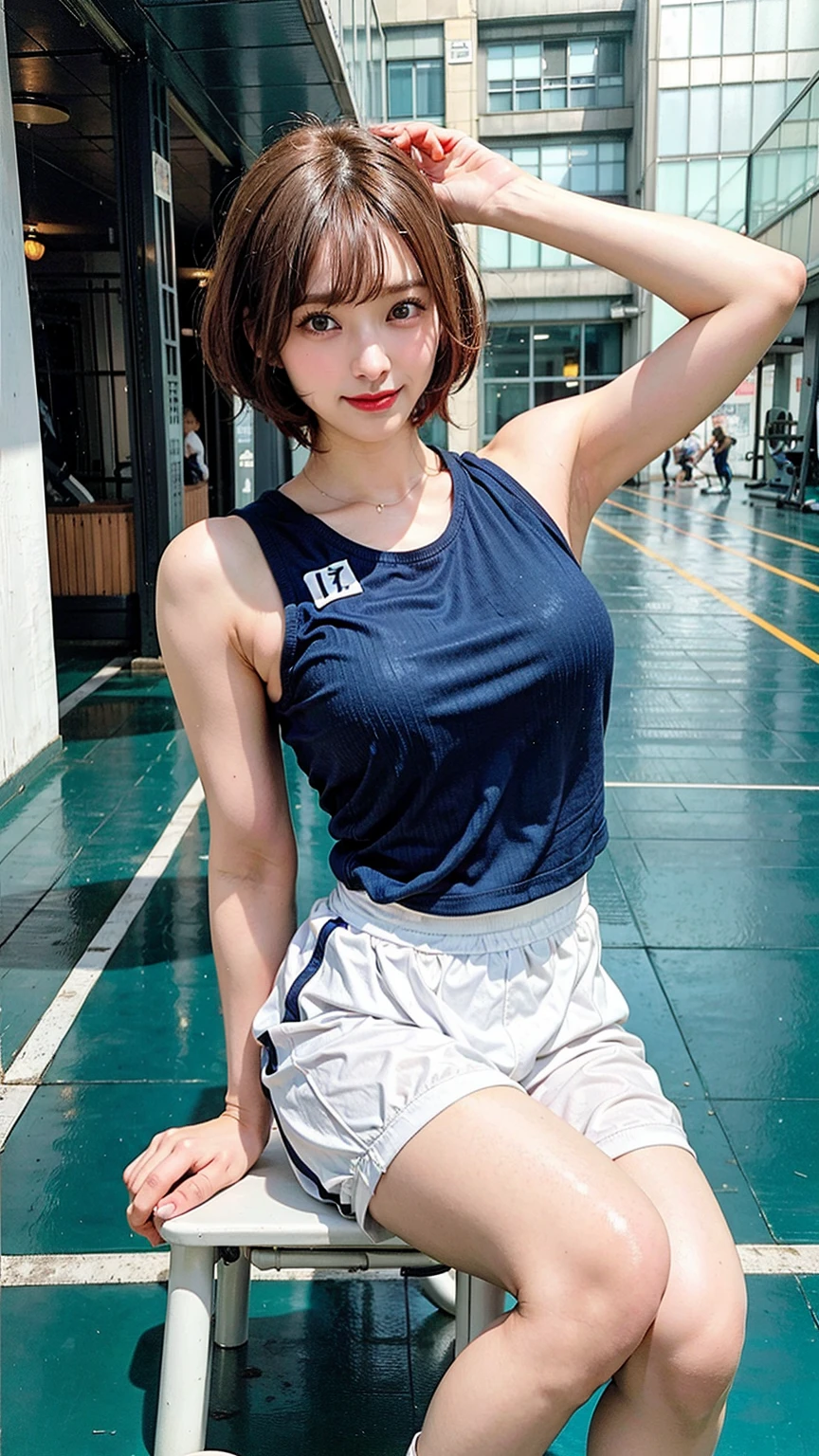 Japanese Girls、cute、Brown Hair、((Short Bob Hair、Deep blue eyes:1.2))、Shiny and smooth hair、Thick bangs、(A thoughtful smile:1.2), Very detailed顔と目,Highest quality, Ultra-high resolution,Ultra-realistic shiny skin、Very detailed, 8K, RAW Photos, Perfect Anatomy、White gym clothes that reach down to the hips、Tight fitting volleyball uniform:1.4、Cityscape、