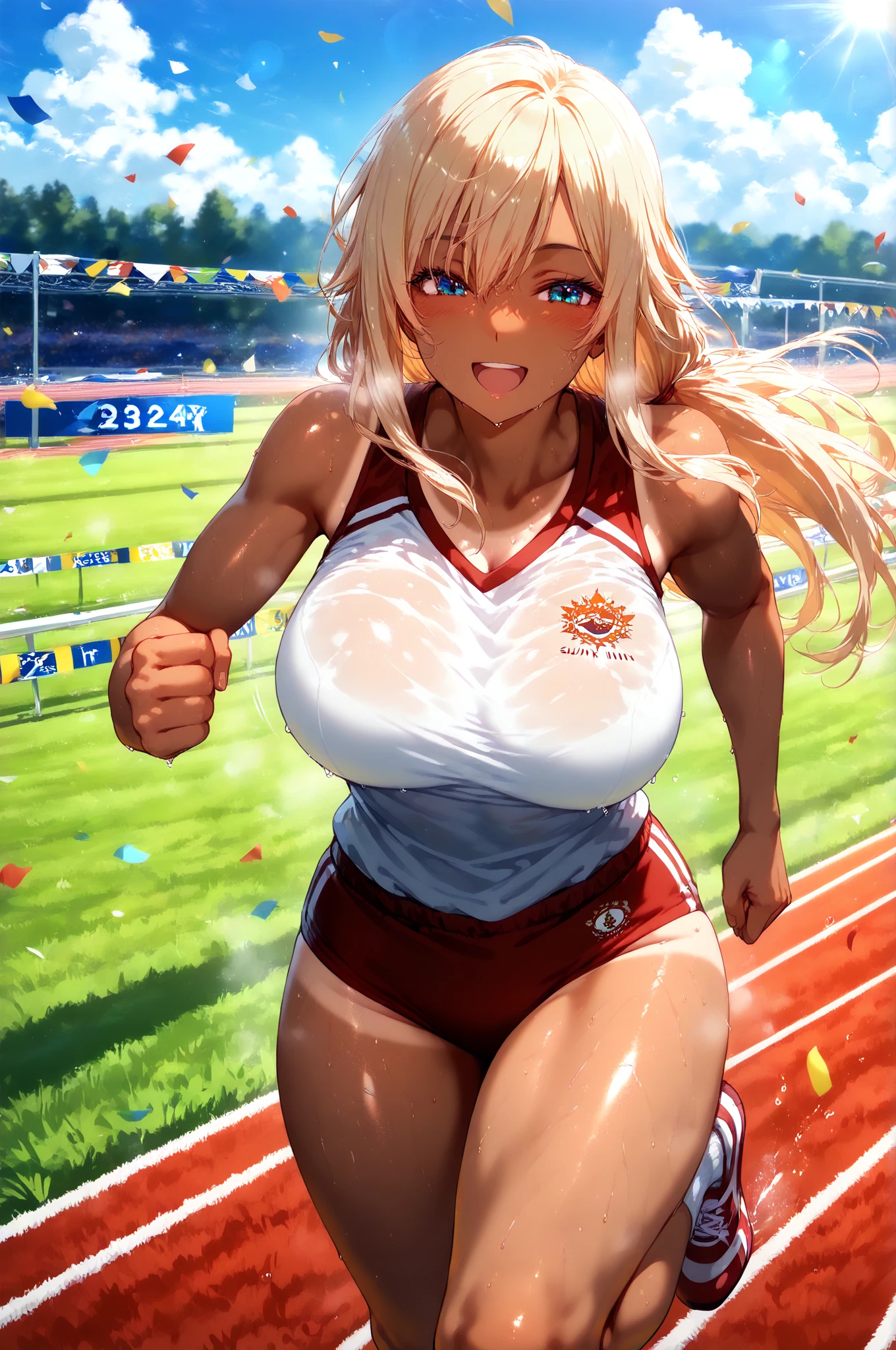 score_9, score_8_up, score_7_up, score_6_up, score_5_up, score_4_up, dd4ught3r, solo, blonde hair, running, clenched teeth, very sweaty, sweaty clothes, see-through cleavage, , outdoors, running track, sports festival, crowd, <lora:dd4ught3r:0.8>