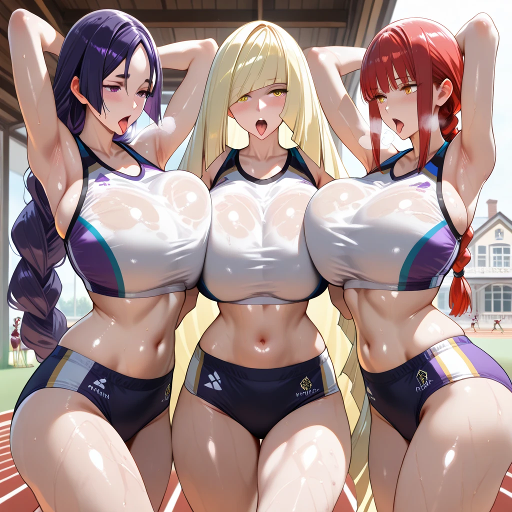 2 girls,long white hair,Track and field suitarefoot,Extremely huge,Inside the stadium,Sweating,Plump figure,Thick thighs,sprint race black skin