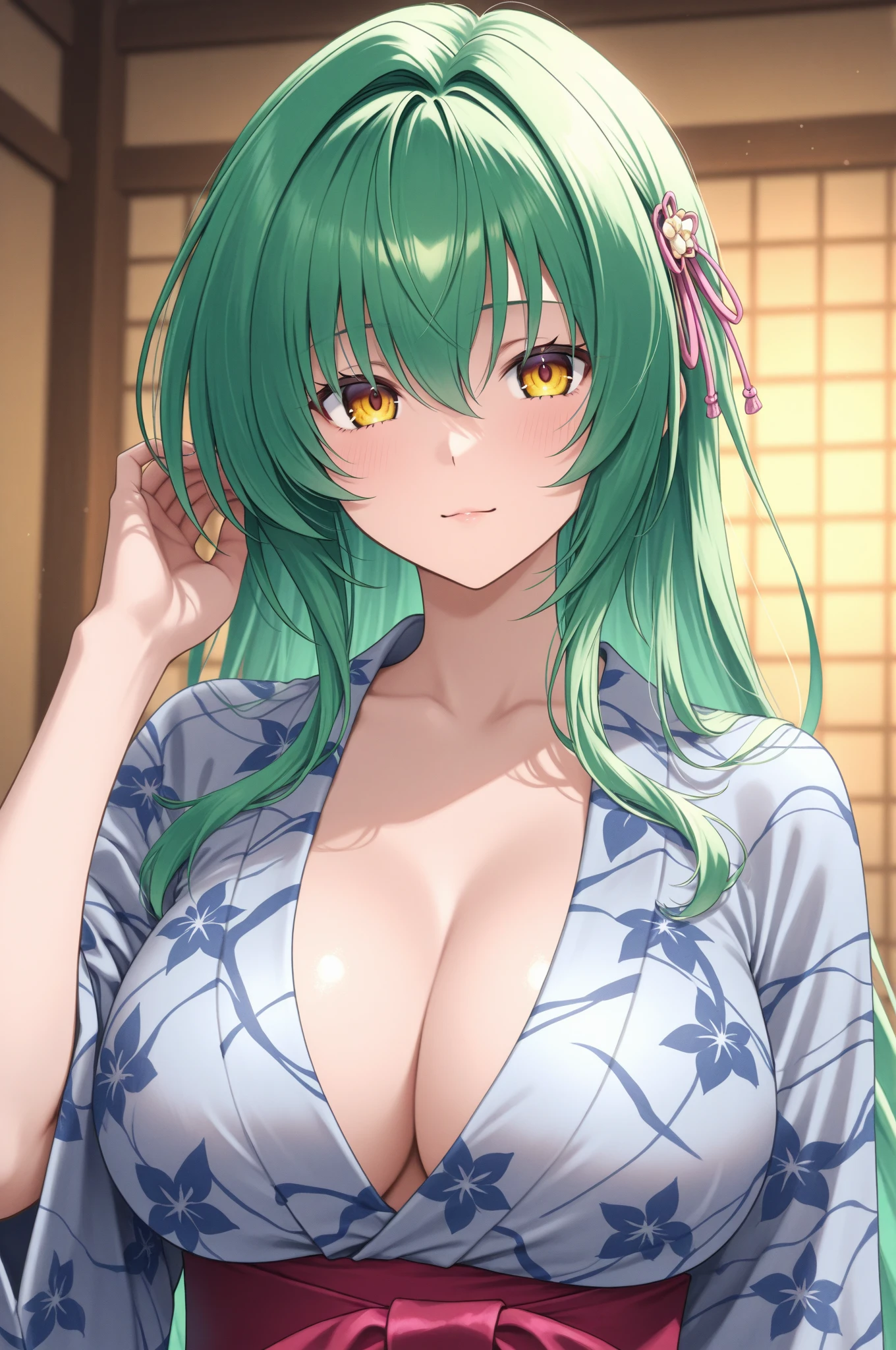 Simple White Background,
green and white dress,Deep_cleavage,
<lora:treyni_slime-V1:0.7>,
green hair ,blue eyes,bangs,
<lora:Mariana_Luciano_NON_VIRGIN-KK77-V1:0.3>,<lora:more_details:0.1>,
1 girl, 20yo,Young female,Beautiful Finger,Beautiful long legs,Beautiful body,Beautiful Nose,Beautiful character design, perfect eyes, perfect face,expressive eyes,perfect balance,
looking at viewer,(Focus on her face),closed mouth, (innocent_big_eyes:1.0),Light_Smile,
official art,extremely detailed CG unity 8k wallpaper, perfect lighting,Colorful, Bright_Front_face_Lighting,shiny skin, 
(masterpiece:1.0),(best_quality:1.0), ultra high res,4K,ultra-detailed,
photography, 8K, HDR, highres, absurdres:1.2, Kodak portra 400, film grain, blurry background, bokeh:1.2, lens flare, (vibrant_color:1.2),professional photograph, 
(Beautiful,large_Breasts:1.4), (beautiful_face:1.5),(narrow_waist),