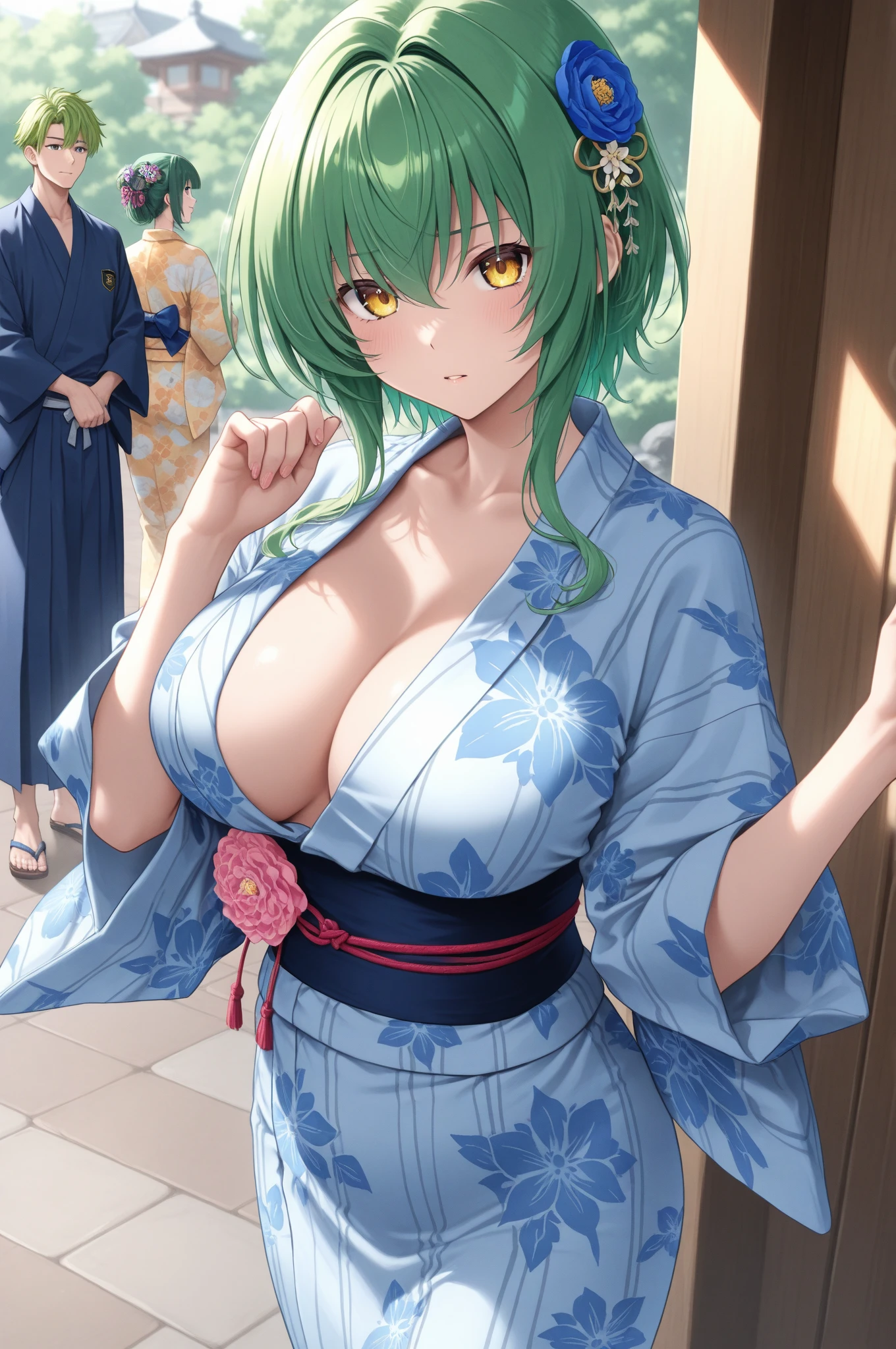 Make a beautiful young woman, tall, with short green hair, cat ears, purple eyes, a pretty, perfect face, with a beautiful smile, a beautiful look, a beautiful body, a perfect body, with dark skin, a dark complexion, a slender body, large bust, wide thighs, with a kimono, perfect kino, the kino is detailed with lus, the kimono highlights her figure, the kimono is tailored to her body, anime style, high quality, clear imag