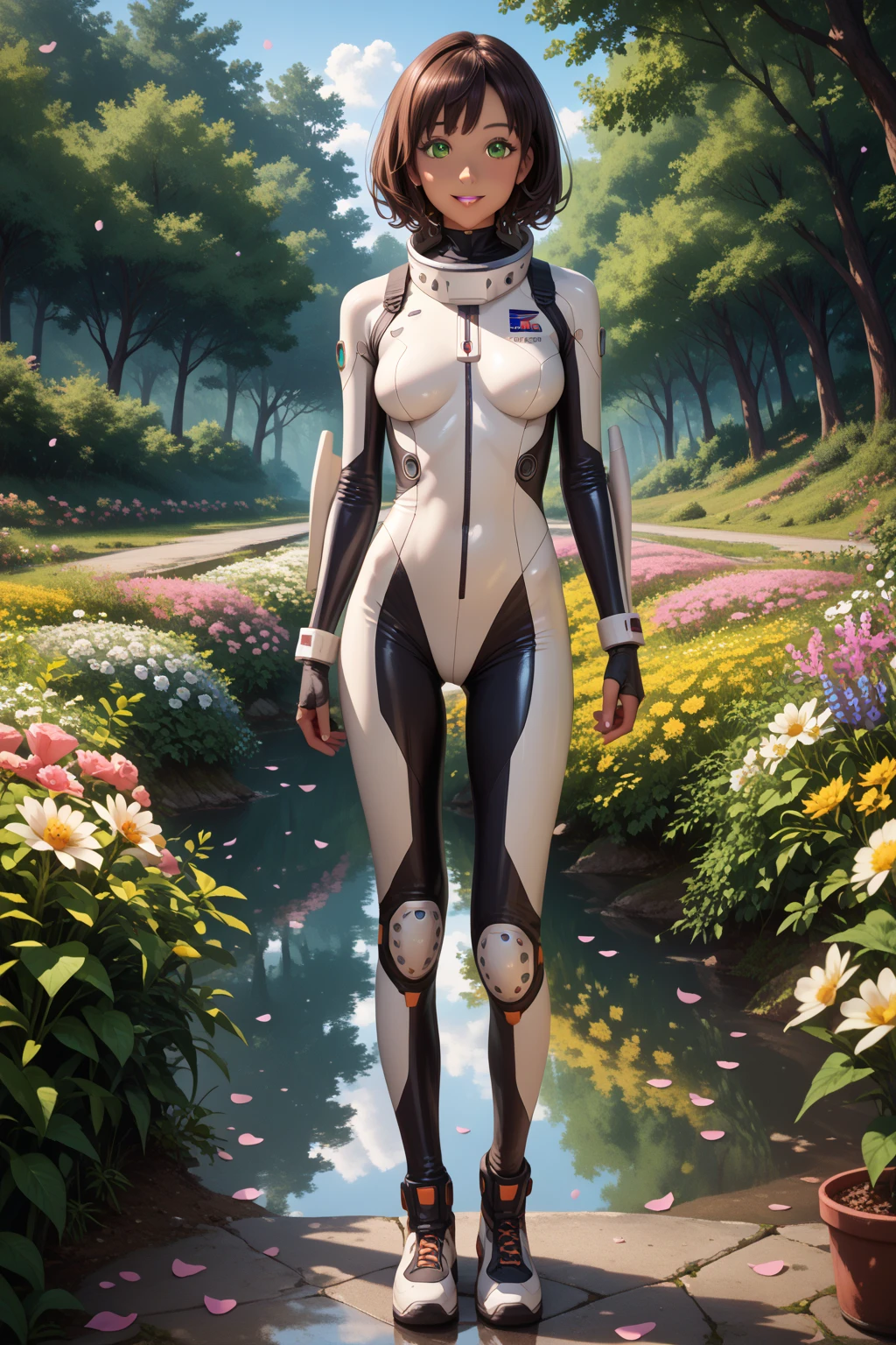 (realistic, photorealistic), Christina Chong beautiful face, narrowed eyes. smirk. black braided hair, 1girl, blue short hair, white hair ornament, ((white bodysuit, gloves)), thighs, (full body), squatting, (spread legs), (cowboy shot),(masterpiece, high quality, best quality), (colorful),(delicate eyes and face), volumatic light, ray tracing, extremely detailed CG unity 8k wallpaper,solo((flying petal)),outdoors, town, flowers, houses, paths, green plants, blue sky, clouds