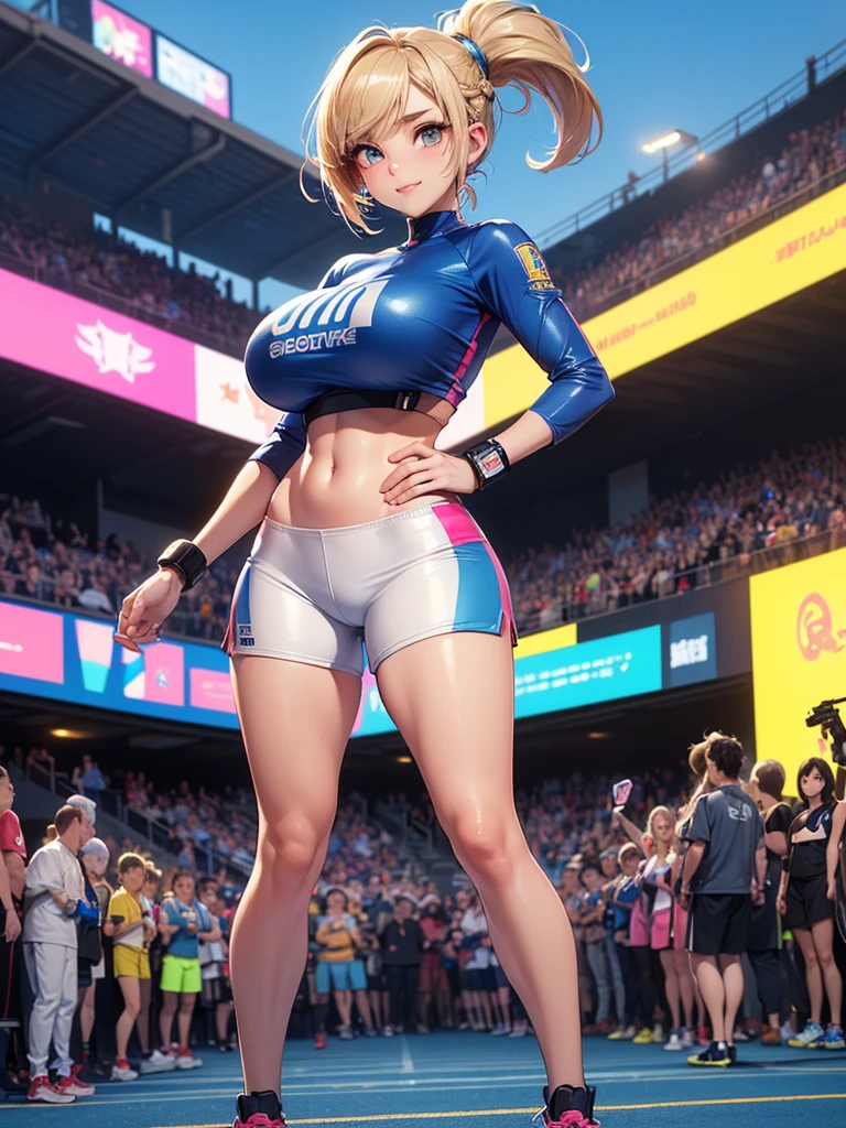 the face of Taylor Swift, 1girl,team rocket,team rocket uniform, red letter R, white skirt,white crop top,black thigh-highs,black elbow gloves