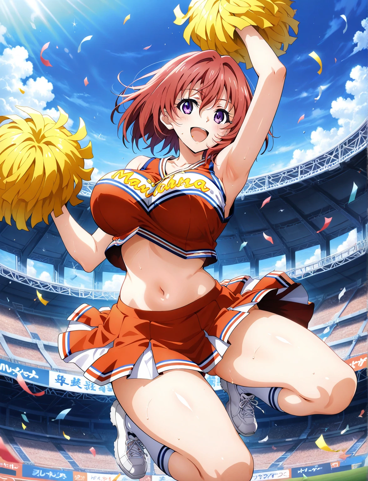 ((Highest quality, High resolution, Perfect Pixel, 4K)), (Beautiful Anime),
Watching the audience,
Perfect body,
yuigahama yui, (Big Breasts:1.1)、single hair bun,
Depth of written boundary、
cheerleader, pom pom \(cheerleading\), pleated skirt,
(blush、Sweat:1.2), Open your mouth、
belly button、Underboob、
Outdoor、Wind、 Stadium、
