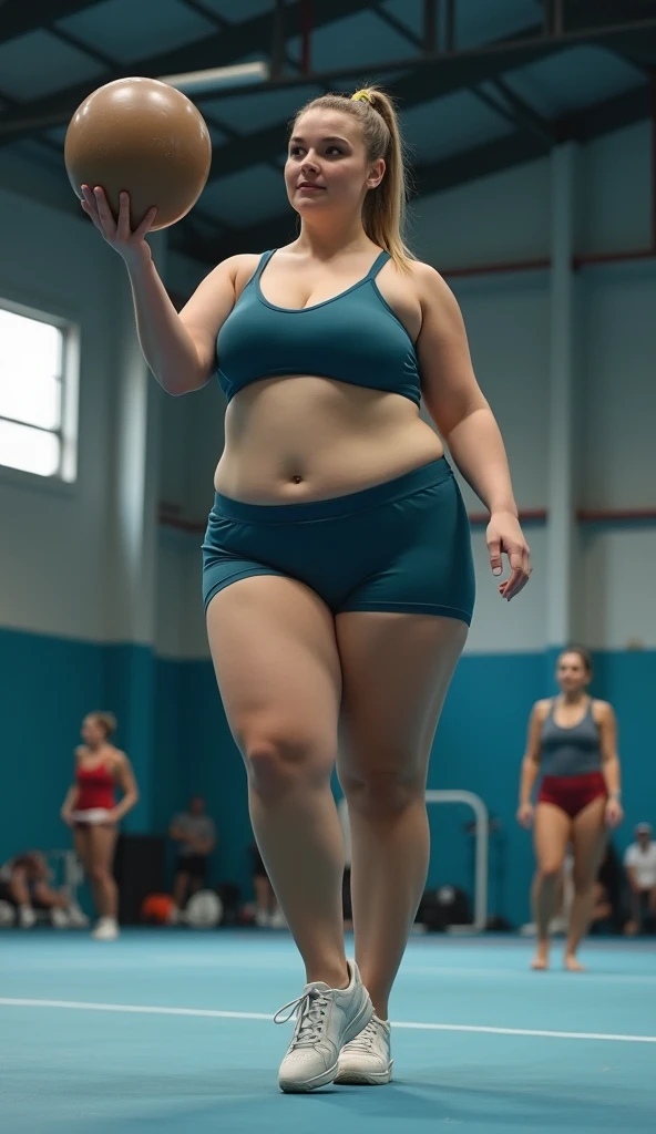 fat and strong woman, wearing a sumo mawashi and sleeveless top shirt with open arms 