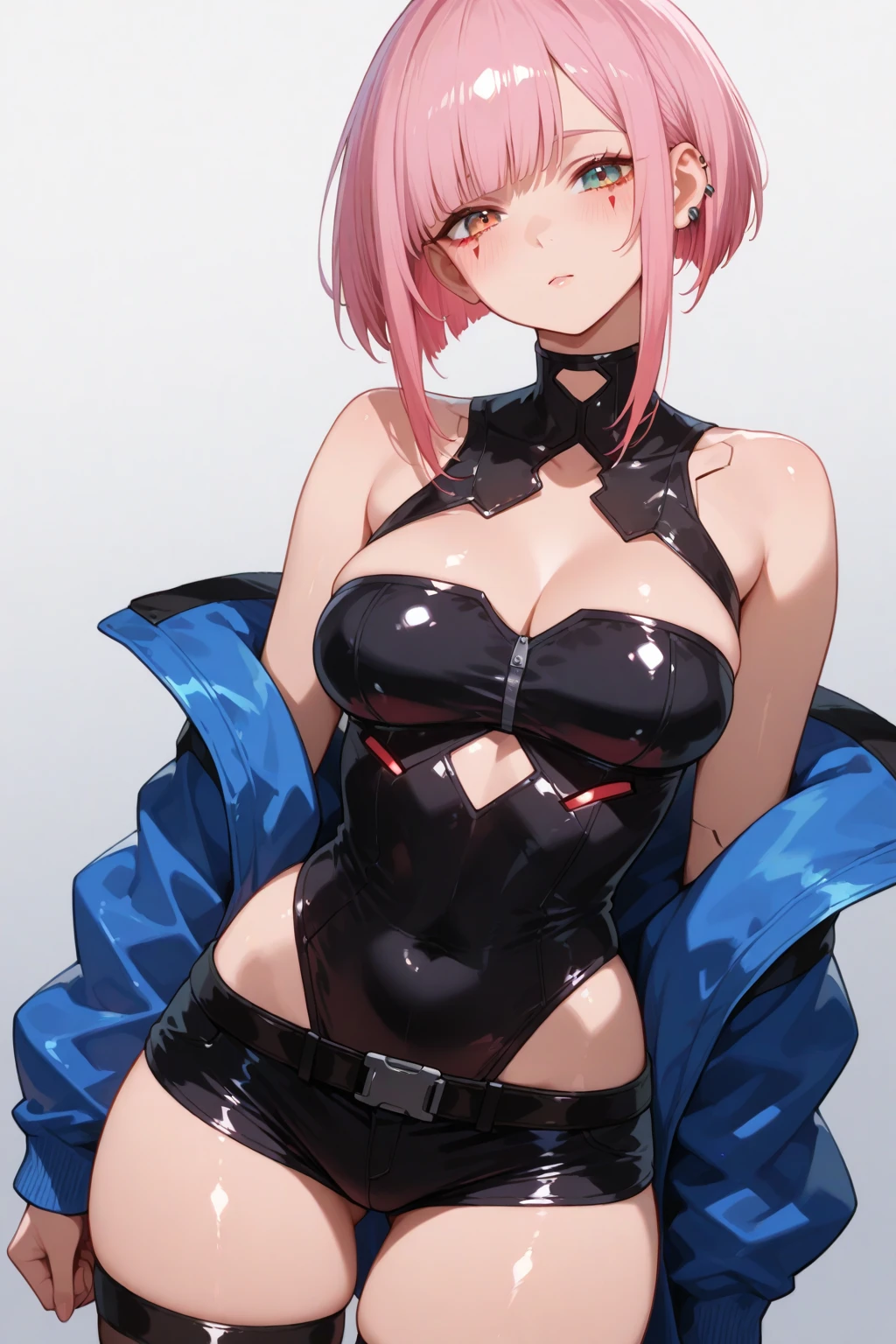 1girl, anime, cute girl, rogue, blank background, white background, fantasy, very detailed dark leather fantasy outfit with highlights, beautiful face, beautiful eyes, dark colors, assassin, medium breasts, slight cleavage, beautiful skin, cute, pink hair, breast curtains, extremely delicate and beautiful, (beautiful detailed face:1.0), (detailed deep eyes), symmetrical breasts, deep eyes, steam, shiny skin, portrait, slender waist, hips wider than shoulders, thighs