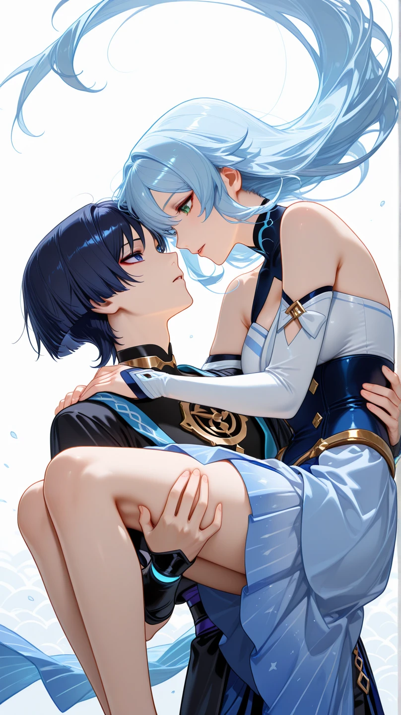 NSFW,masterpiece,Highest quality,High resolution,Super detailed,Star Town Suisei\(Hololive\),Blue Hair,One Side Ponytail,Blue Eyes,Small breasts,White leotard,High leg,Removable sleeves,Micro Mini Skirt,Fishnet tights,Adventurer's Guild,Reception counter,Embarrassed,blush,Expecting face,(Molester),(Strong-faced men),A man puts his hands on her waist and hugs her,Surrender,Get close,From the side