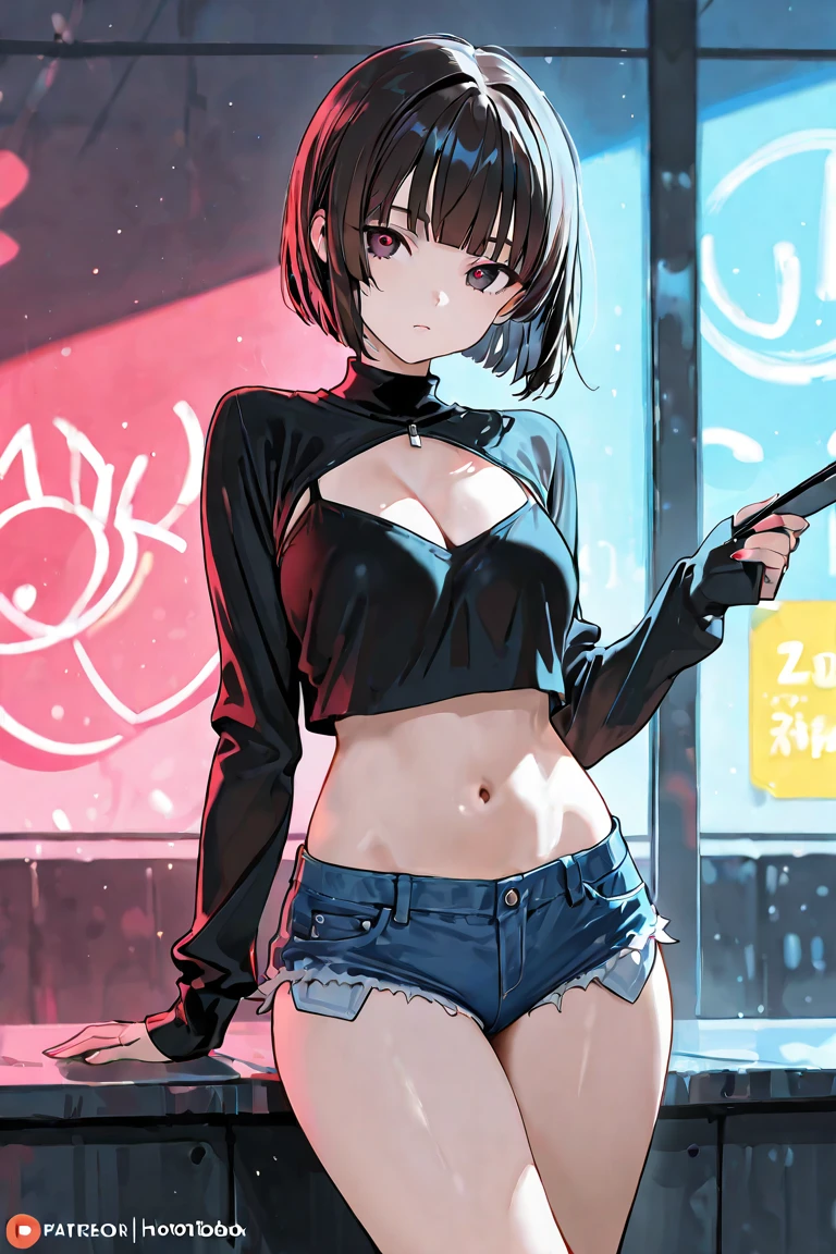 takeda hiromitsu style,(((masterpiece, highest quality:1.3,absurdres))),cowboy shot,20 year old beauty,solo,((very small head)),short bob hair,bangs,dark brown hair,brown eyes,blush,medium breasts,((very long body)),((slender body)),skinny,gleaming skin,shiny skin, Black turtleneck、No sleeve、Crop length、navel、Black micro mini shorts、With a rifle、Best illustrated gun、rooftop of high-rise building、Tokyo、moonlight、