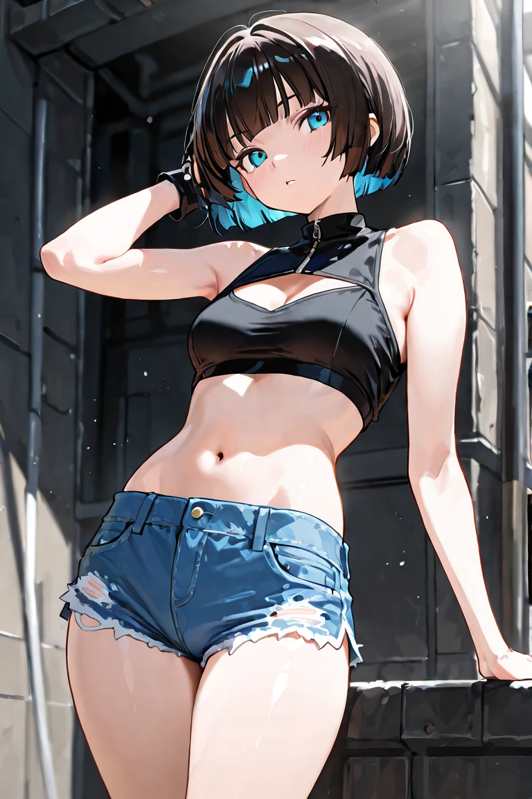Masterpiece, top quality, best quality, official art, beautiful and aesthetic, anime, 1girl,extremely detailed, colorful, more detailed ((ultra-detailed)), (highly detailed CG illustration),Best Quality, High resolution, Unity 8k Wallpaper, (Illustration:0.8), (Beautiful detailed eyes:1.6), extra detailed face, Perfect Lighting, extremely details CG, (Perfect hands, Perfect ???????), blue short hair,cap,hairpin,blue eyes, white top, black sport shorts,underboob,hands up,armpit, skinny fit, small breates, in middle,street, night, city, front photo, looking in camera