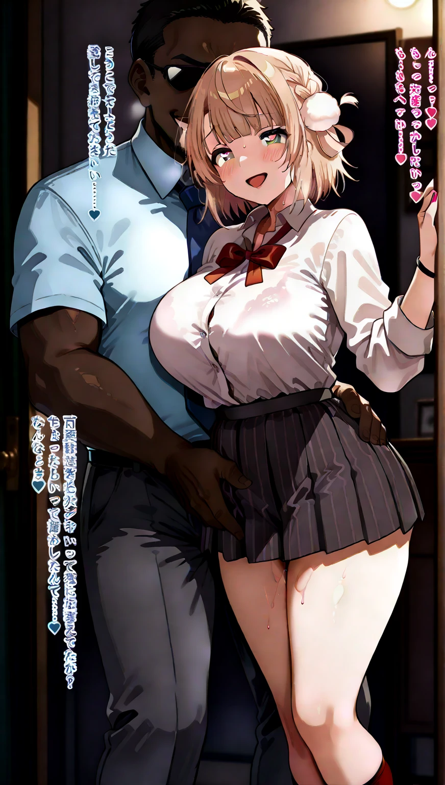 score_9, score_8_up, score_7_up, expressiveh, source_anime, multiple views, BREAK 1girl, 1boy, (faceless male), dark skinned male, size difference, large breasts, (stealth fingering), fingering, netorare, cheating\(relationship\), ass, groping, BREAK makeup, asuna_\(blue_archive\), halo, hair over eyes, slutty_clothes, gyaru, areola slip, shirt, corset vest, navel piercing, pleated skirt, holding (used condom), belt, thong,half-closed eyes, outside, city, street, crowd, 