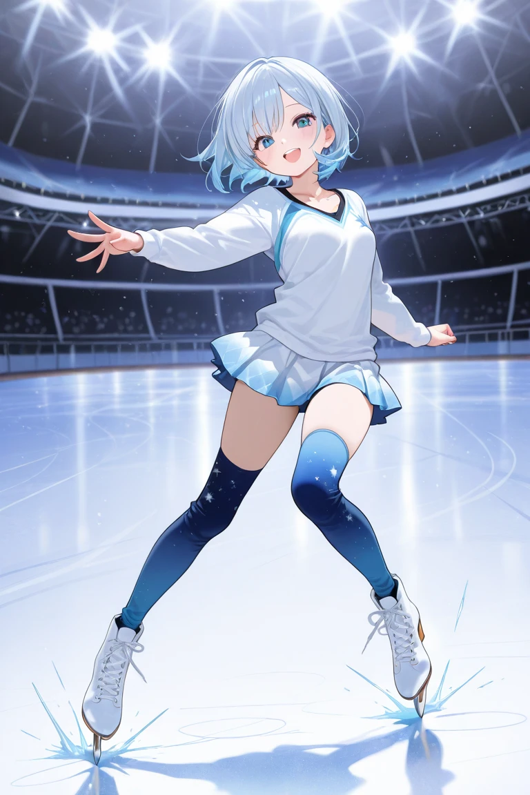 anime girl with light blue hair and blue eyes, in a short dress and ice skates, sitting down on a bench, ice skating rink, happy, closed mouth, smiling, masterpiece, best quality, cinematic lighting, no other humans, Illustration