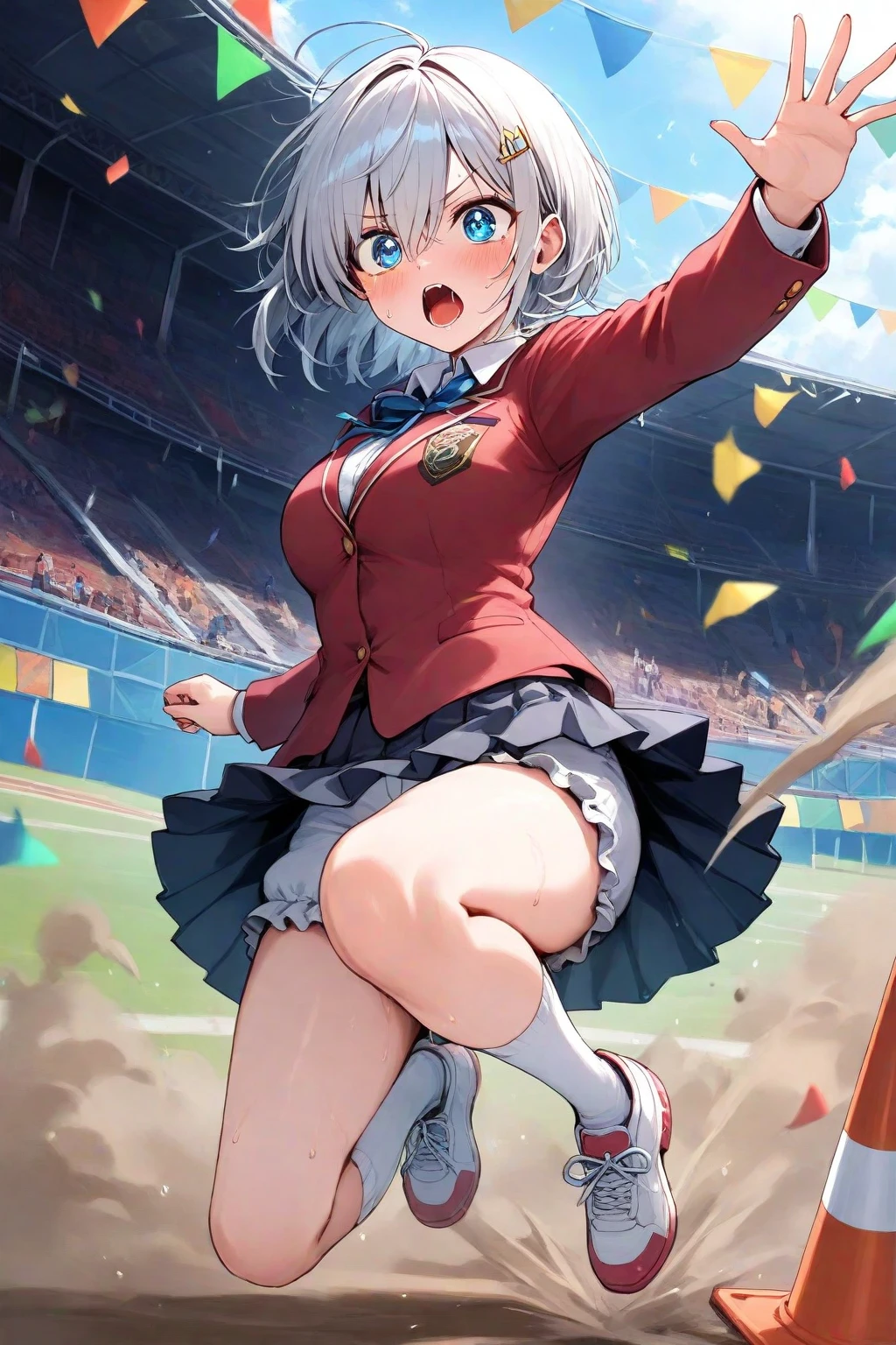Alisa mikhailovna kujou, cabello blanco flotante, rubor claro, durante un partido, sudar, medio updo, cola de caballo doblada, al aire libre, Project a wide area, futebol, patear una pelota, Kicking a soccer ball, anime, Anime style, 4k, piel texturizada, Super detail, La mejor calidad, Galardonado, solamente,