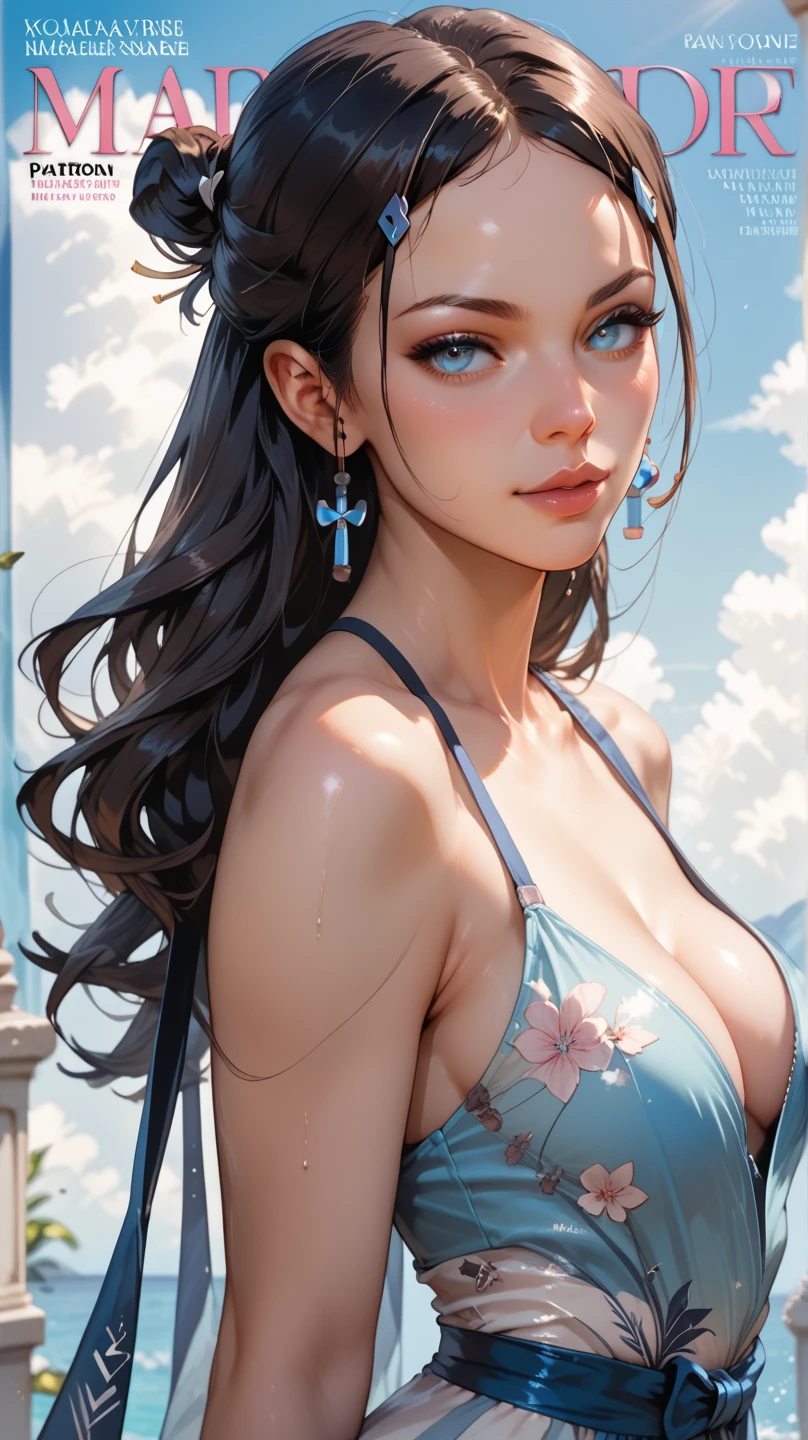 1 Girl, Solo, Ocean, 8K, Ultimate Quality, Real Details, Delicate Face, Pale Eyes, Gorgeous Dress (Ultimate Detail), Upper Body Photo (Realistic Texture)